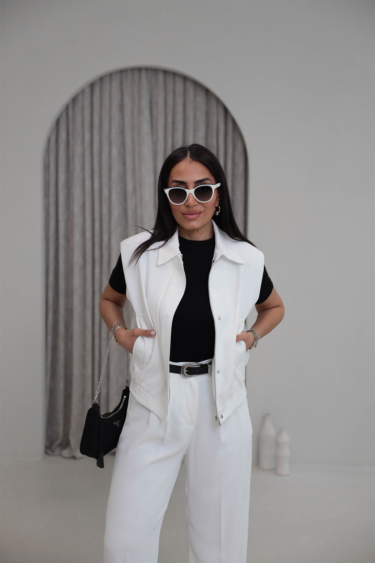 7560 Bel Lastikli Gizli Fermuarlı Modern Kesim Yelek EKRU