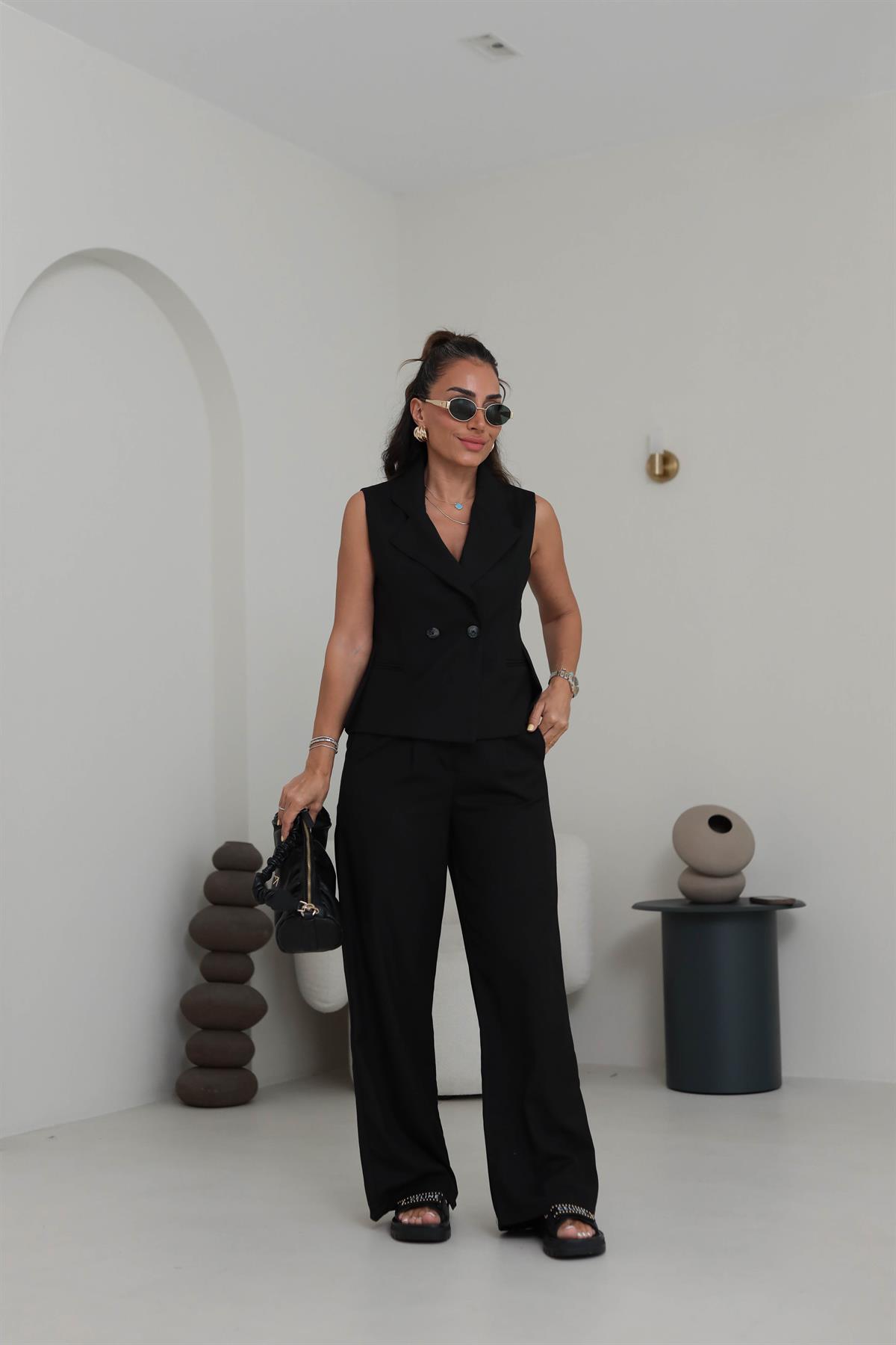 0429 Yelekli Palazzo Pantolonlu Takım SİYAH