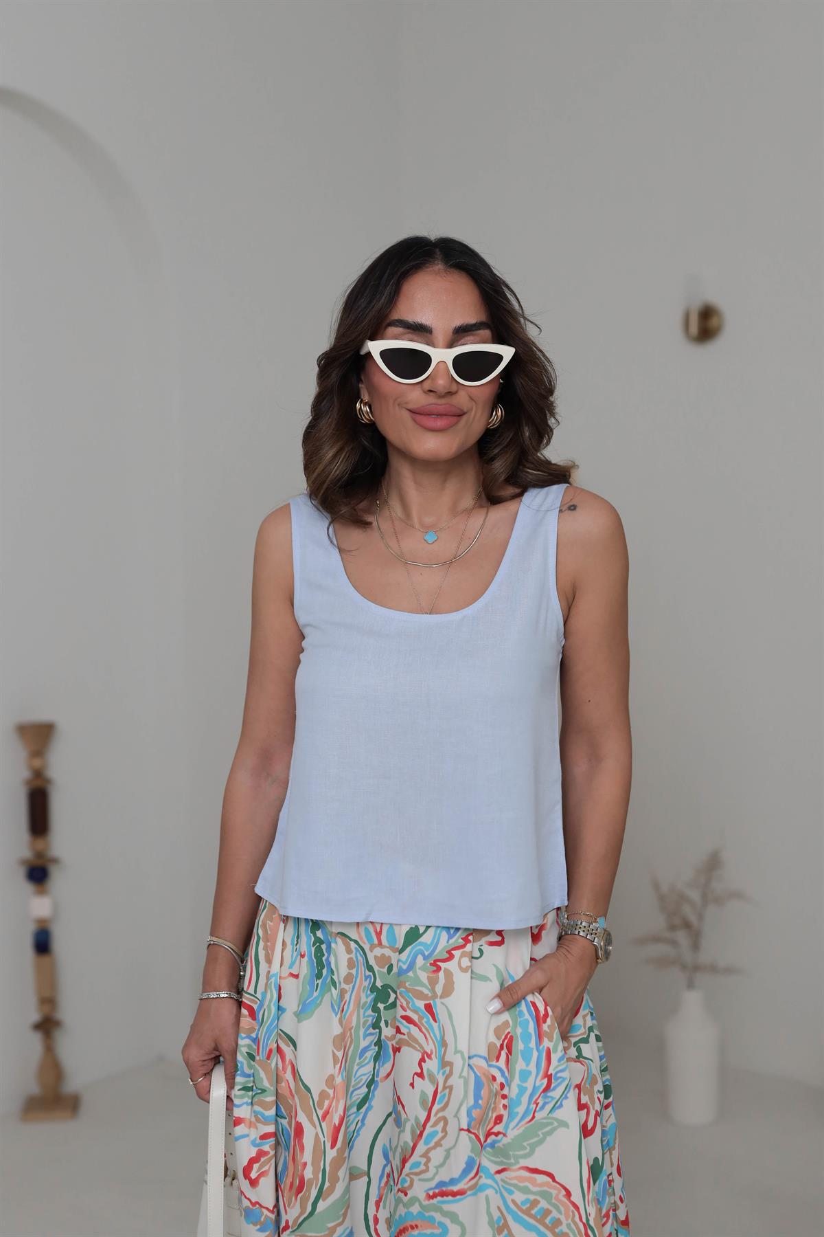 7328 Kalın Askılı Dökümlü Keten Atlet BEBE MAVİ