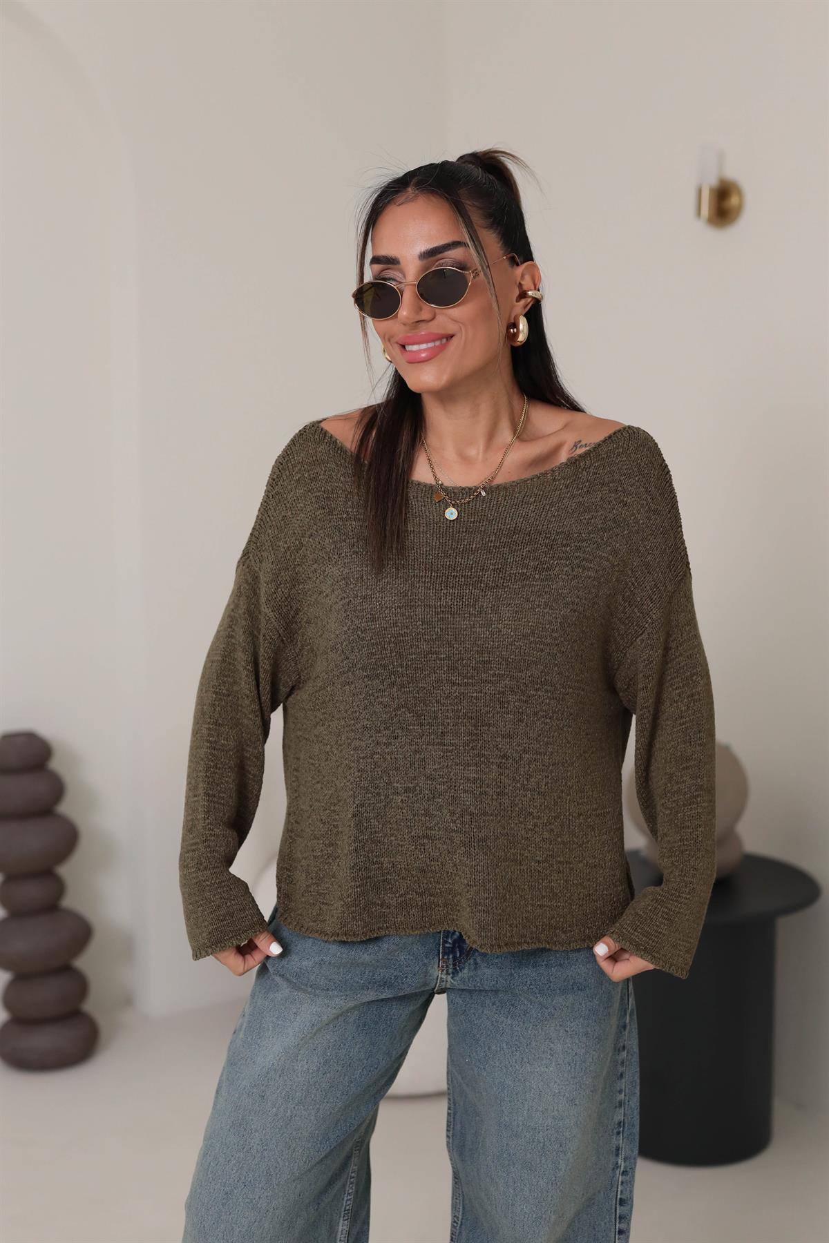 4455 Kayık Yaka Triko HAKİ YEŞİL