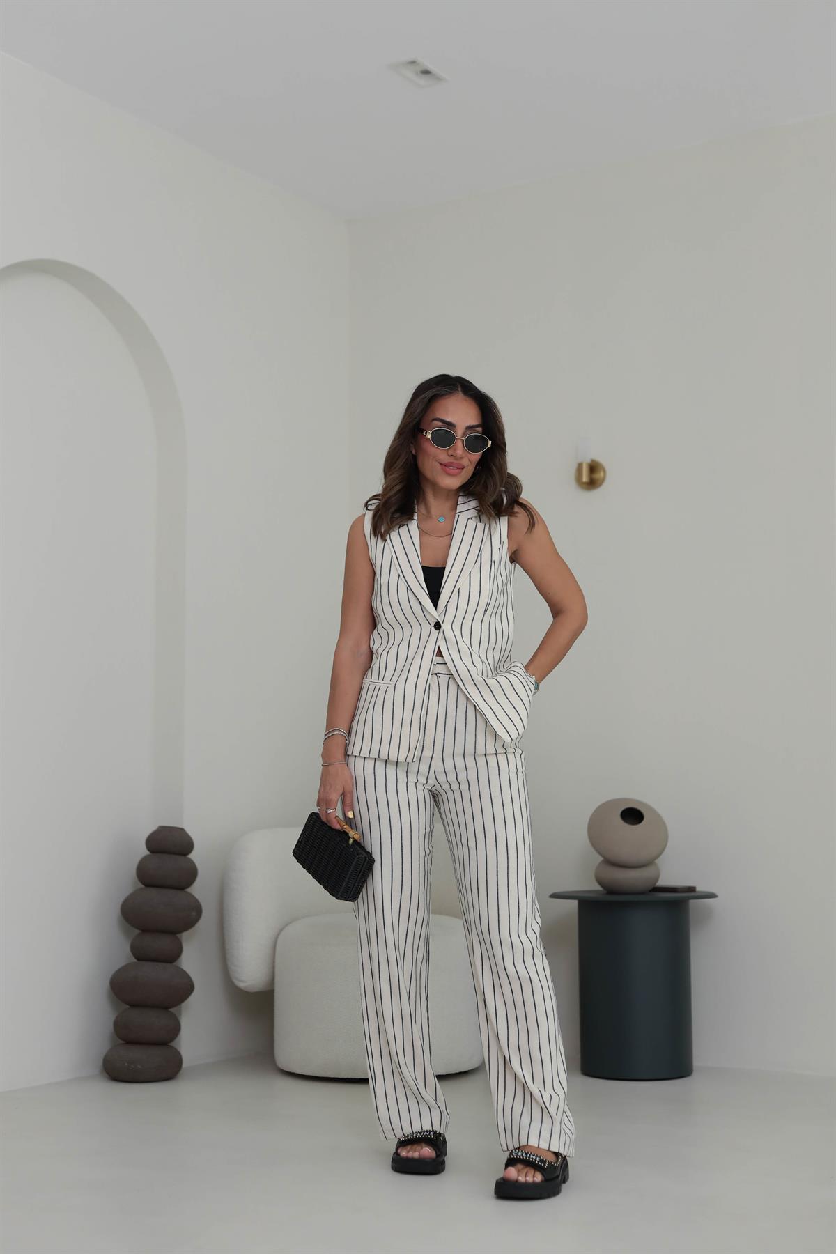 8669 Tek Düğmeli Çizgili Keten Yelek & Pantolon Takım SİYAH