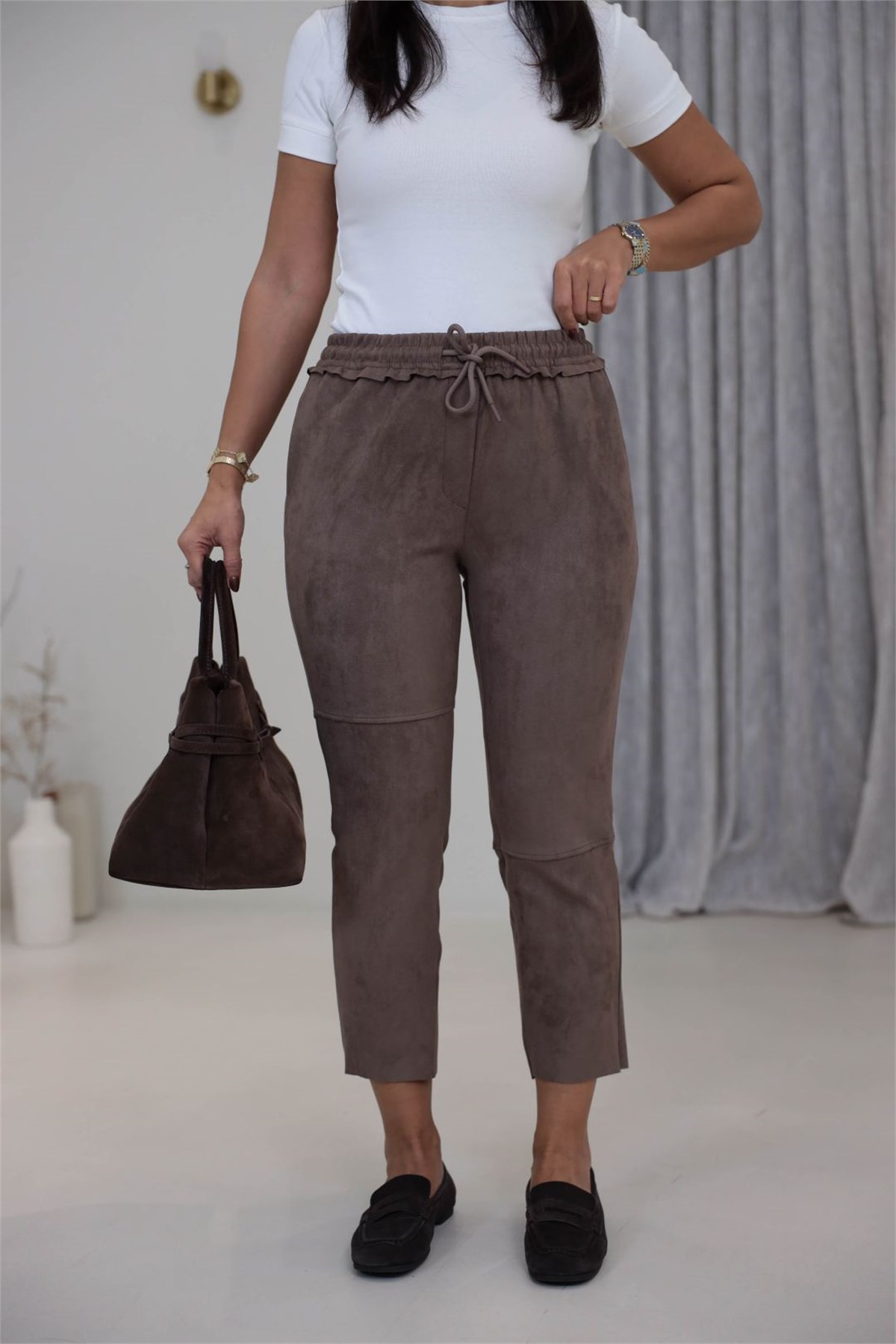 0165 Bel Lastikli Süet Pantolon VİZON