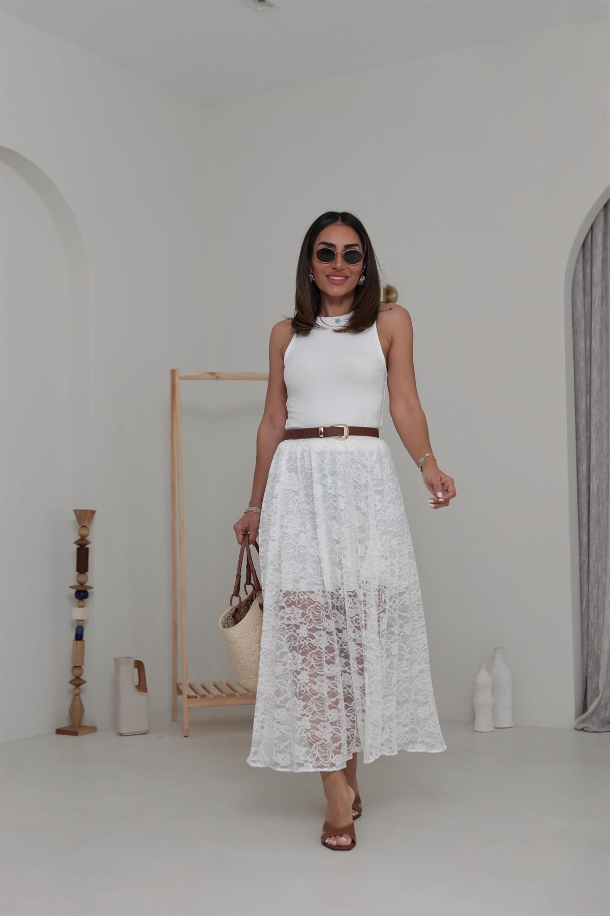 6342 Dantelli Astarlı Etek BEYAZ