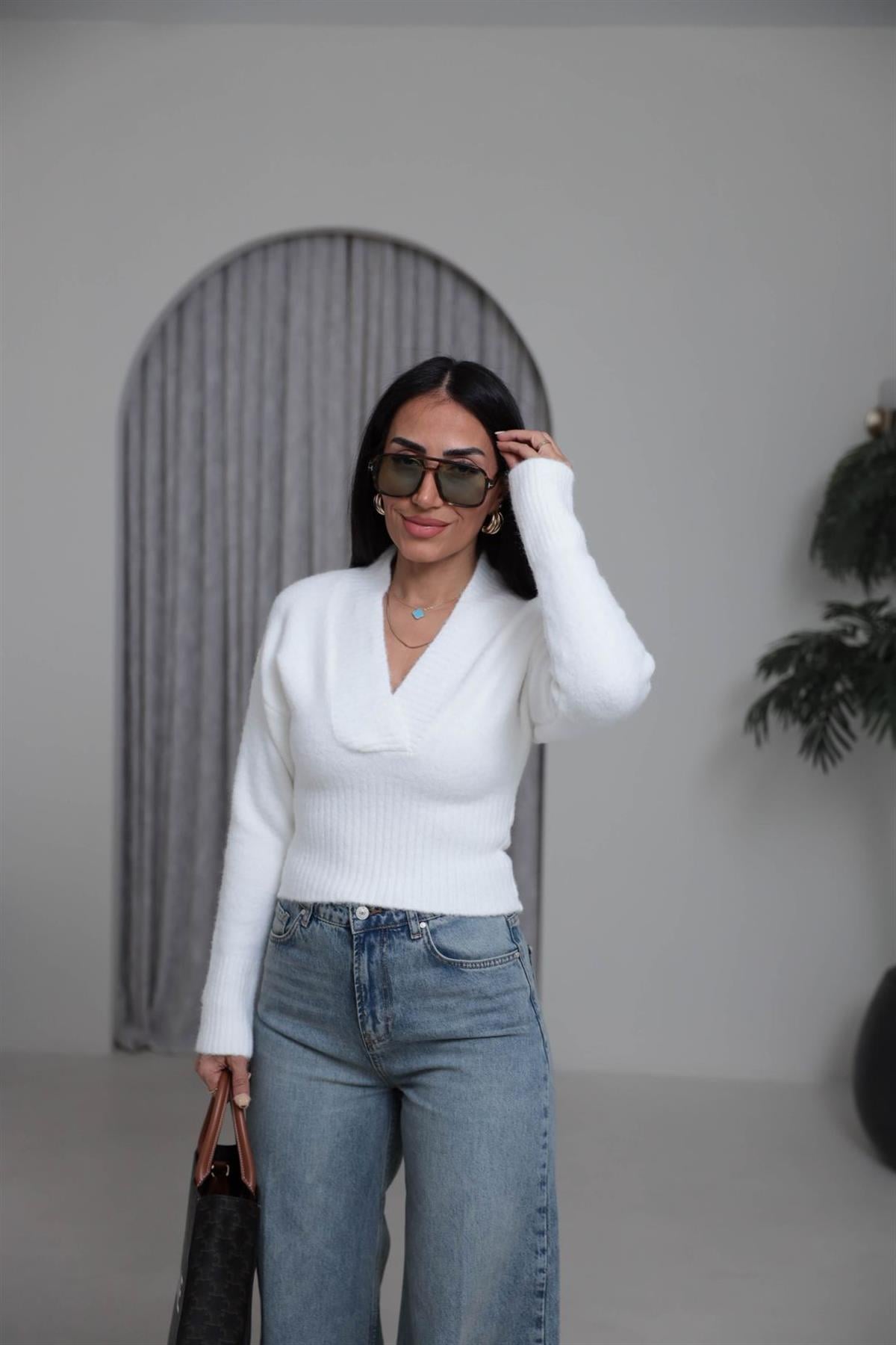 5080 Yaka Detaylı Yumoş Triko EKRU