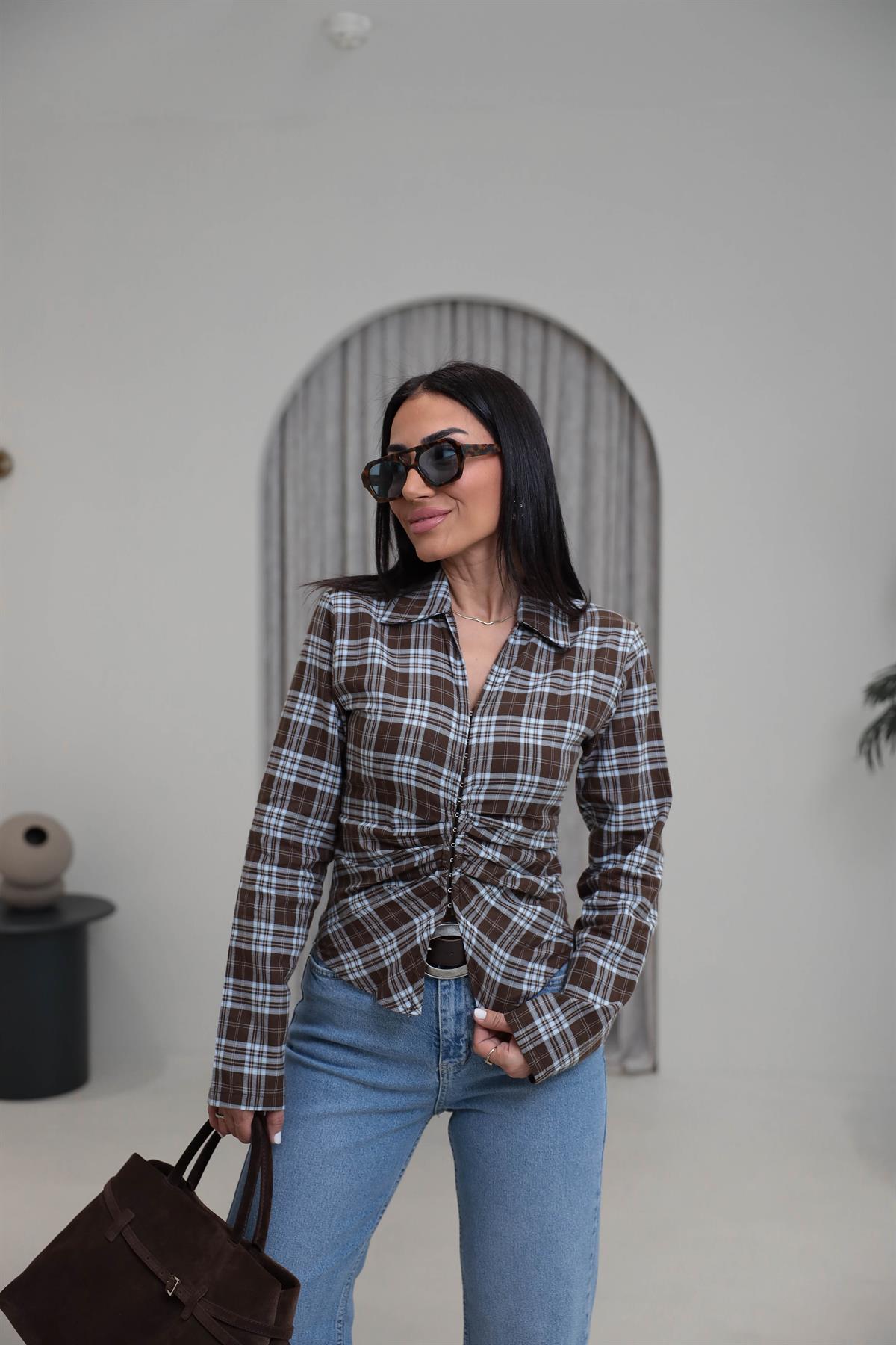 0817 Agraflı Ekose Gömlek KAHVE