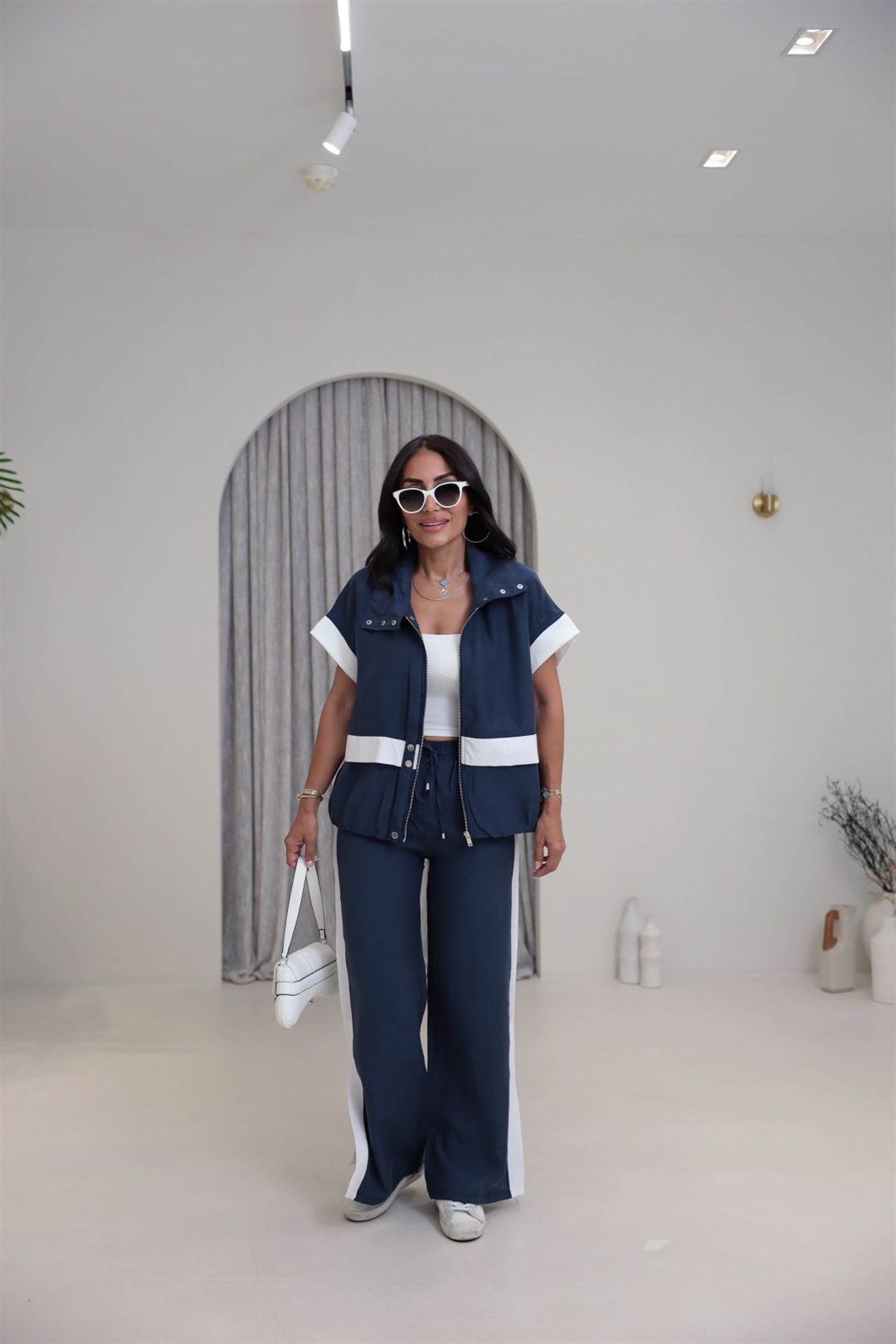7519 Garni Detaylı Tencel Kumaş Takım LACİVERT