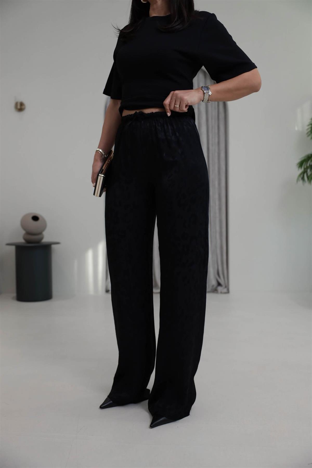 1635Y Leopar Desen Jakarlı Saten Pantolon SİYAH