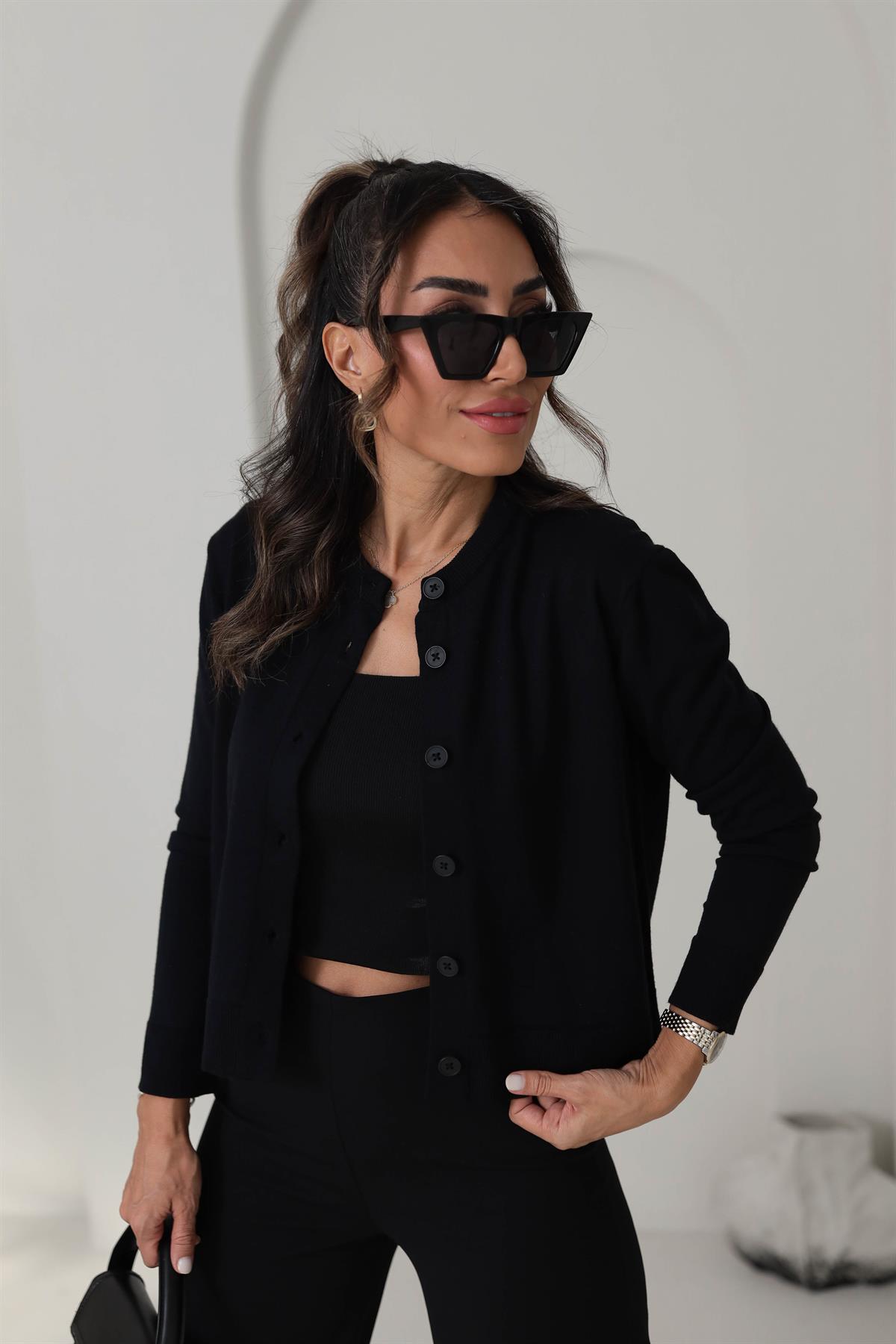 24058 Massi İpek Triko Düğmeli Hırka SİYAH