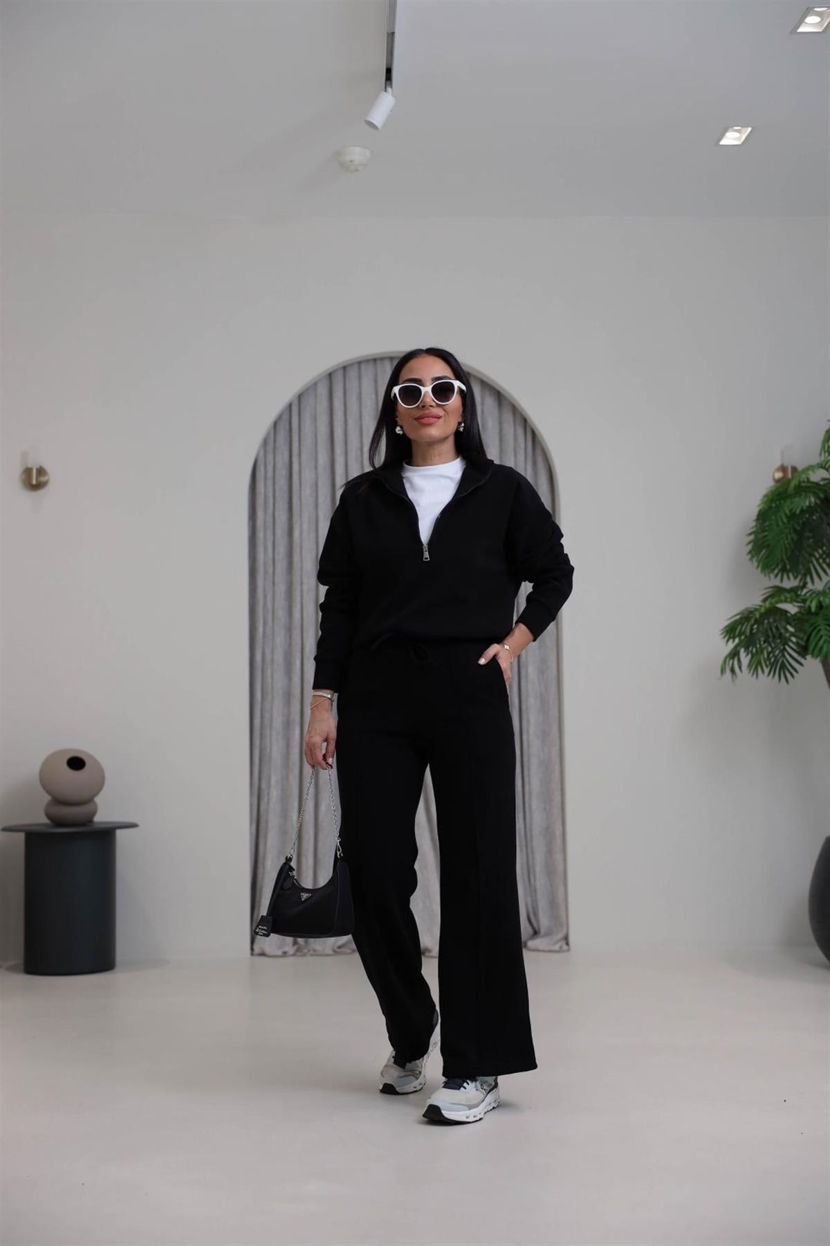 0122 Yarım Fermuarlı Tshirt Garnili Selanik Kumaş Takım SİYAH