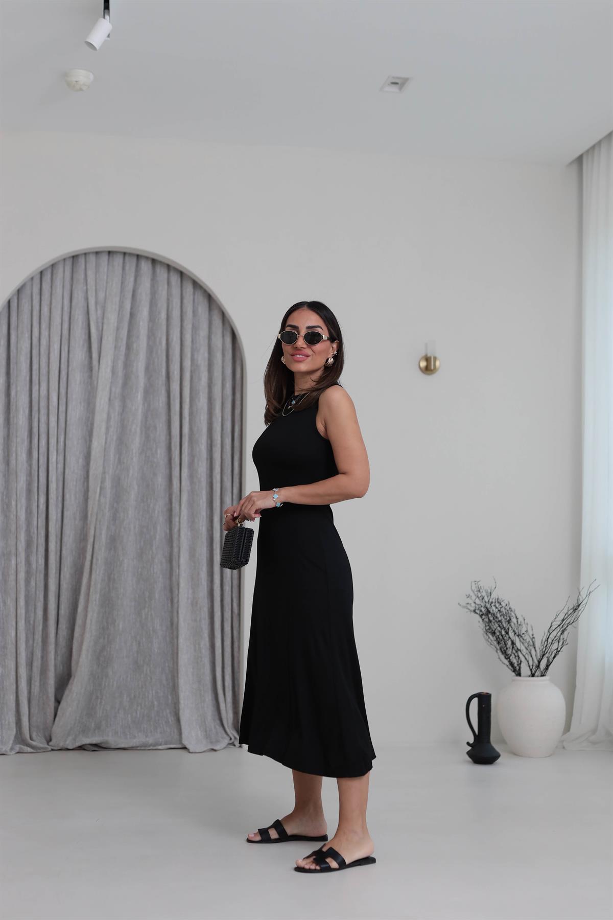 1590 Parçalı Sıfır Kol Midi Elbise SİYAH