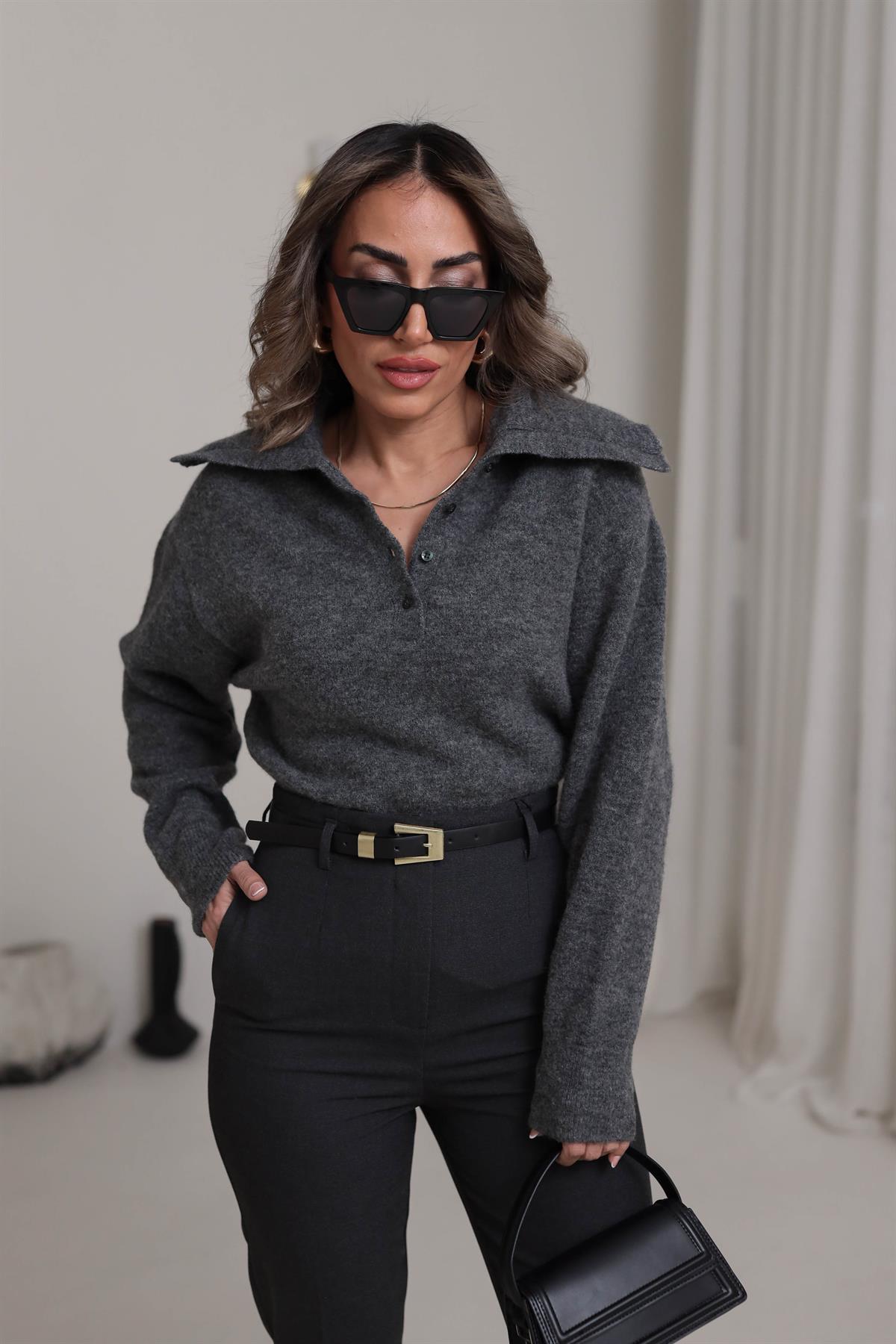 0679 Polo Yaka Yarım Düğmeli Kazak FÜME