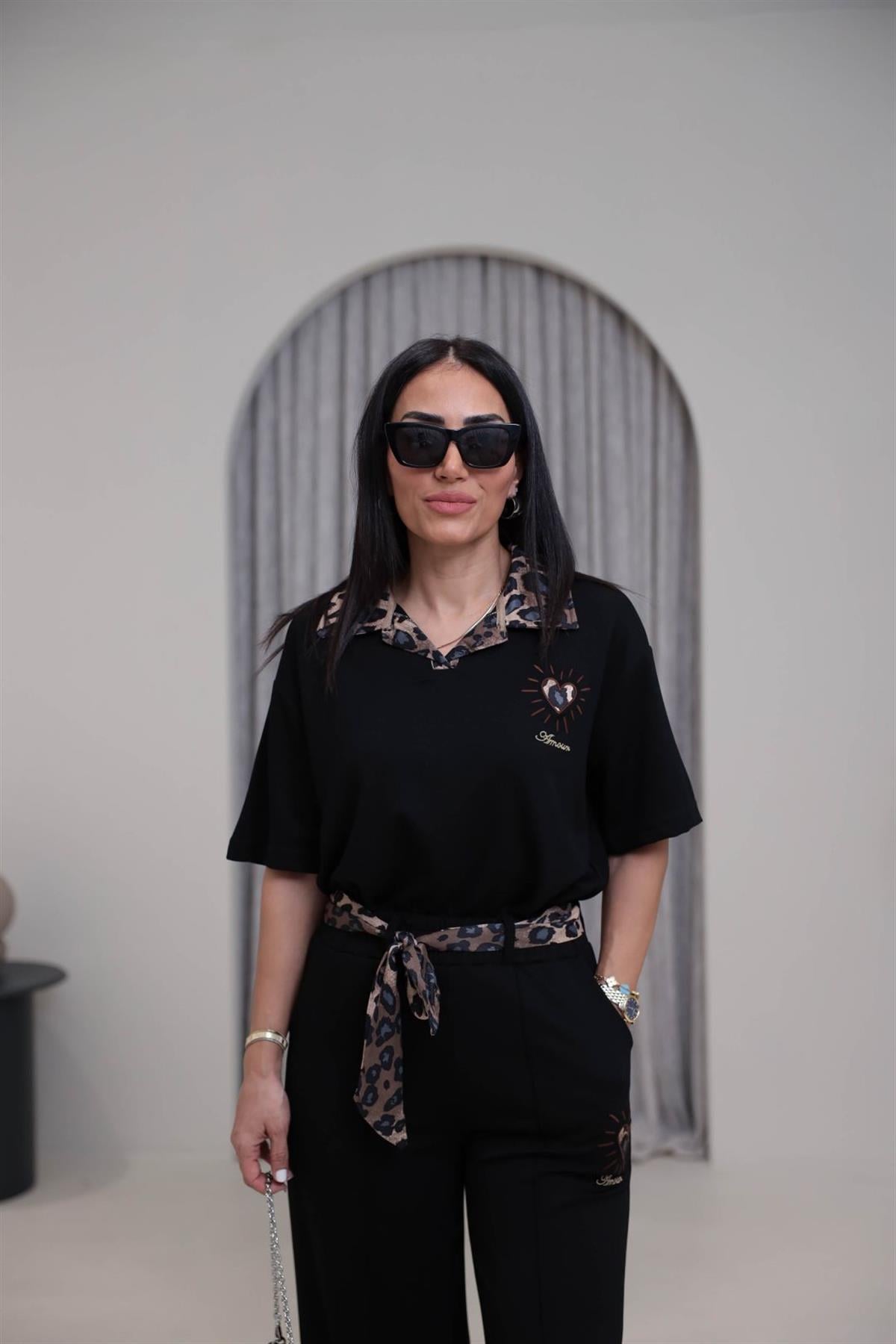 7539 Leopar Saten Yakalı Nakışlı Modal Takım SİYAH