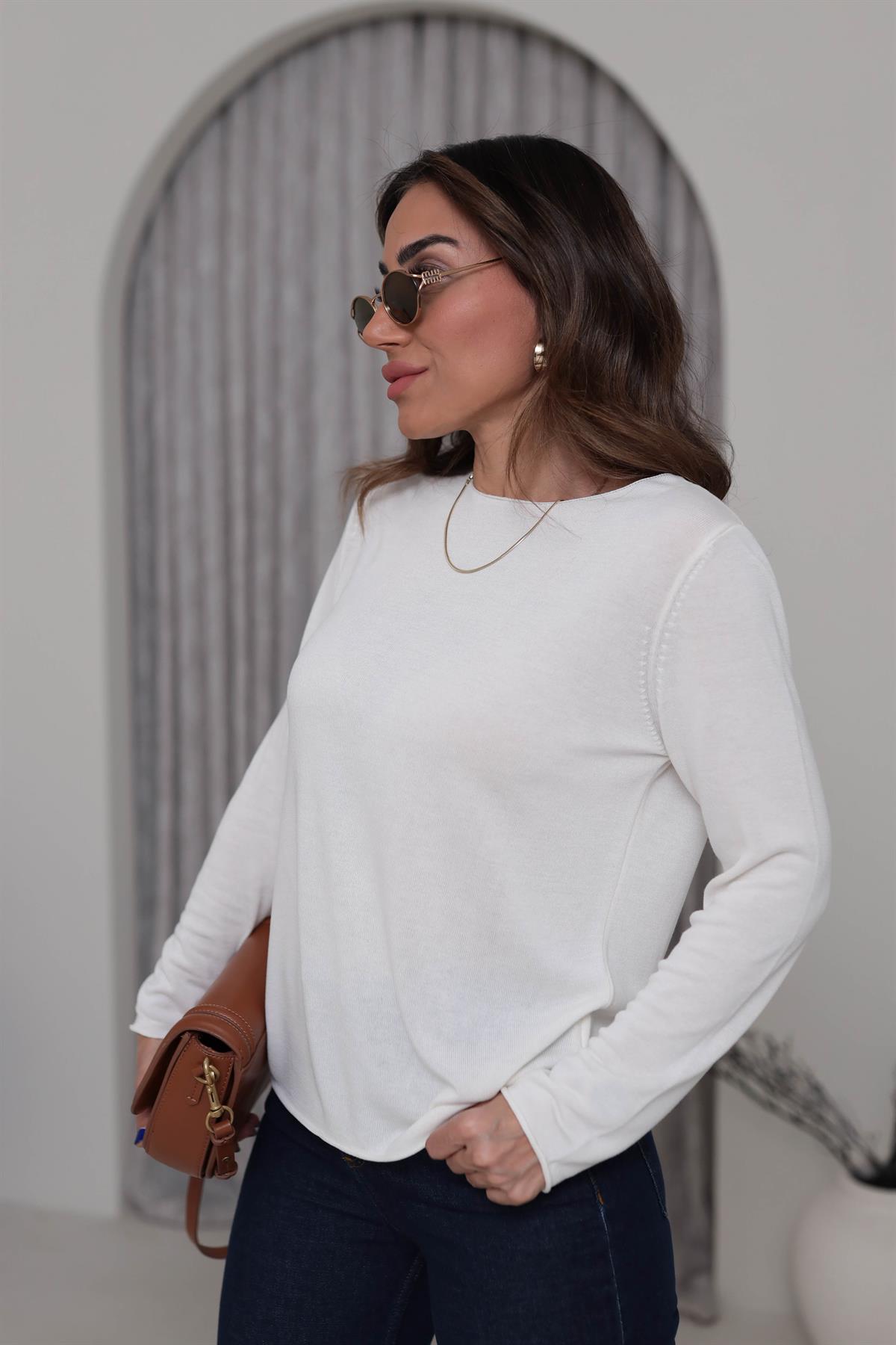 1061 Açık Yaka Uzun Kol İnce Triko EKRU