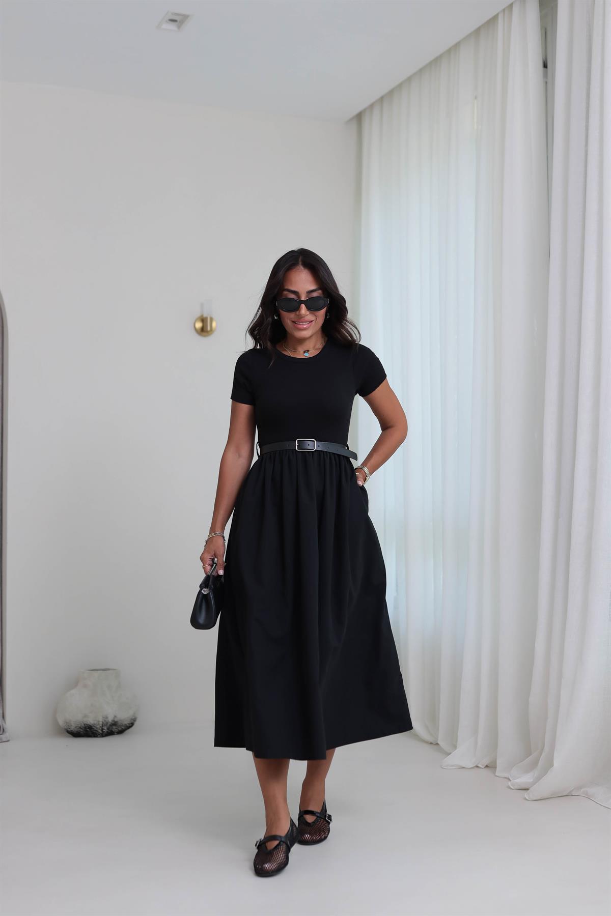 2017 Kemerli Kaşkorse Elbise SİYAH