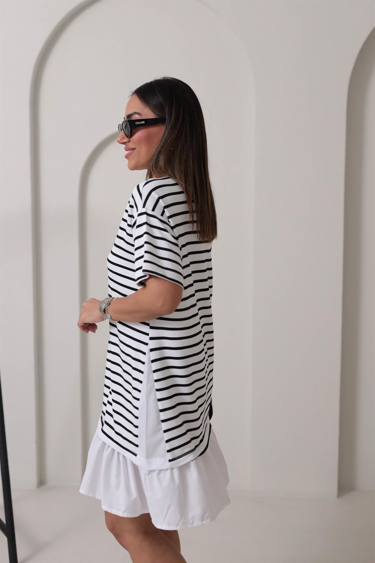 6476 Çizgili Altı Fırfırlı Elbise BEYAZ