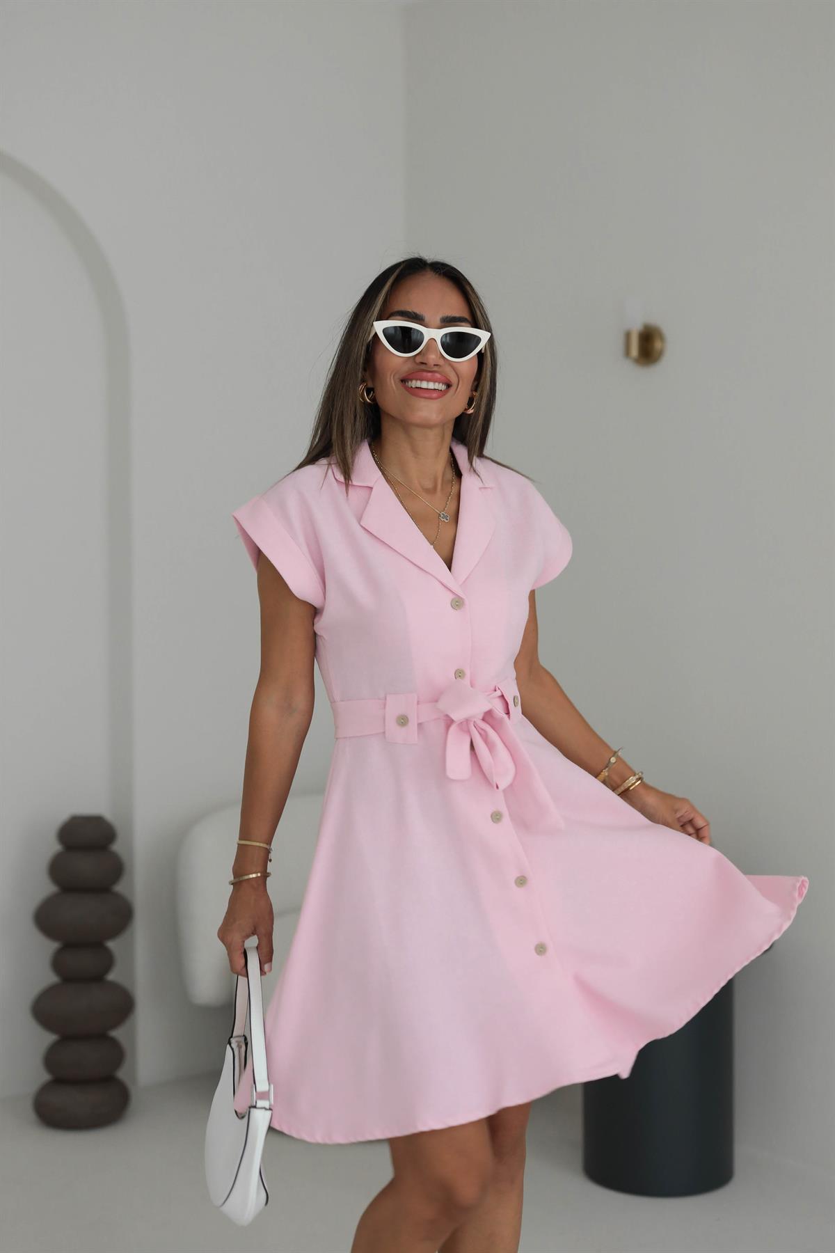 5953 Bel Kuşaklı ve Düğmeli Keten Kloş Elbise