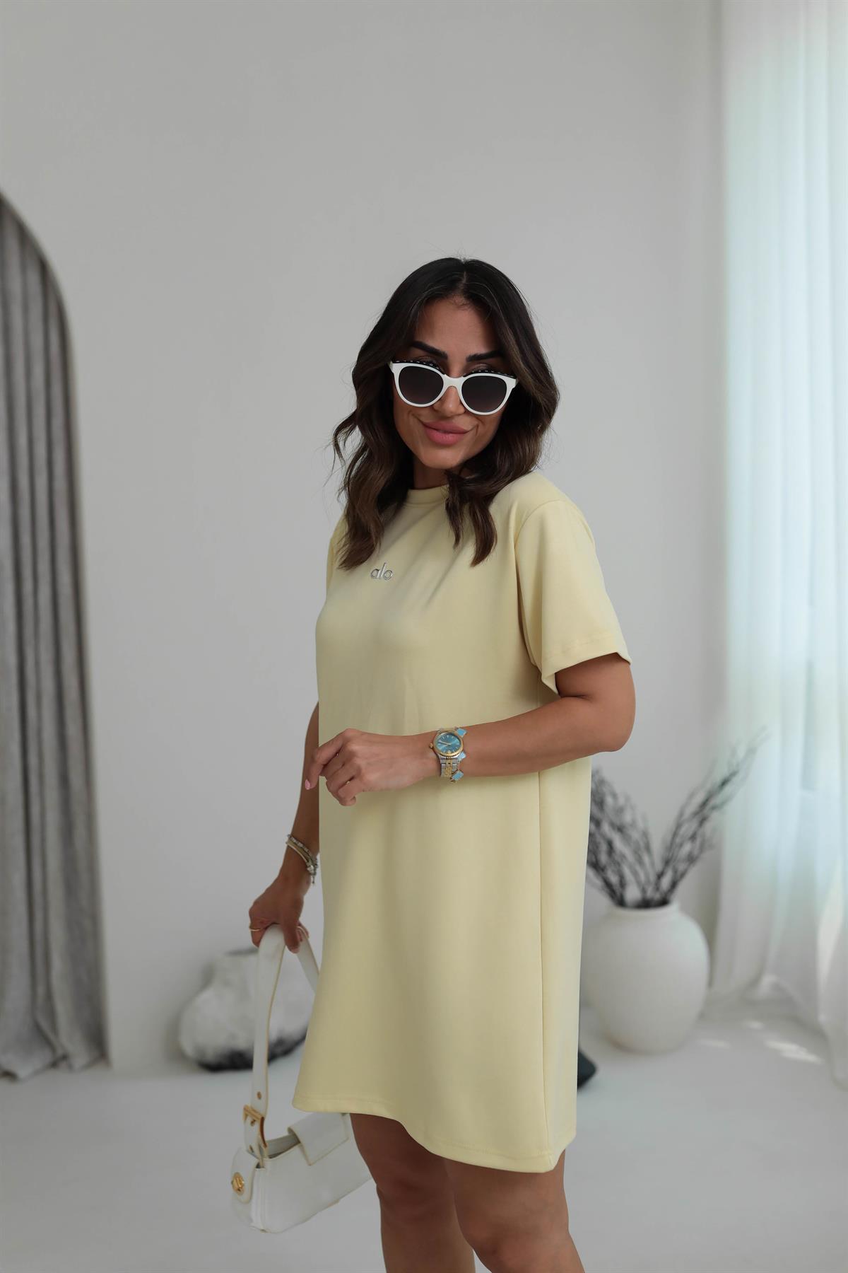 1570 Baskılı Modal Kumaş Rahat Kalıp Elbise SARI
