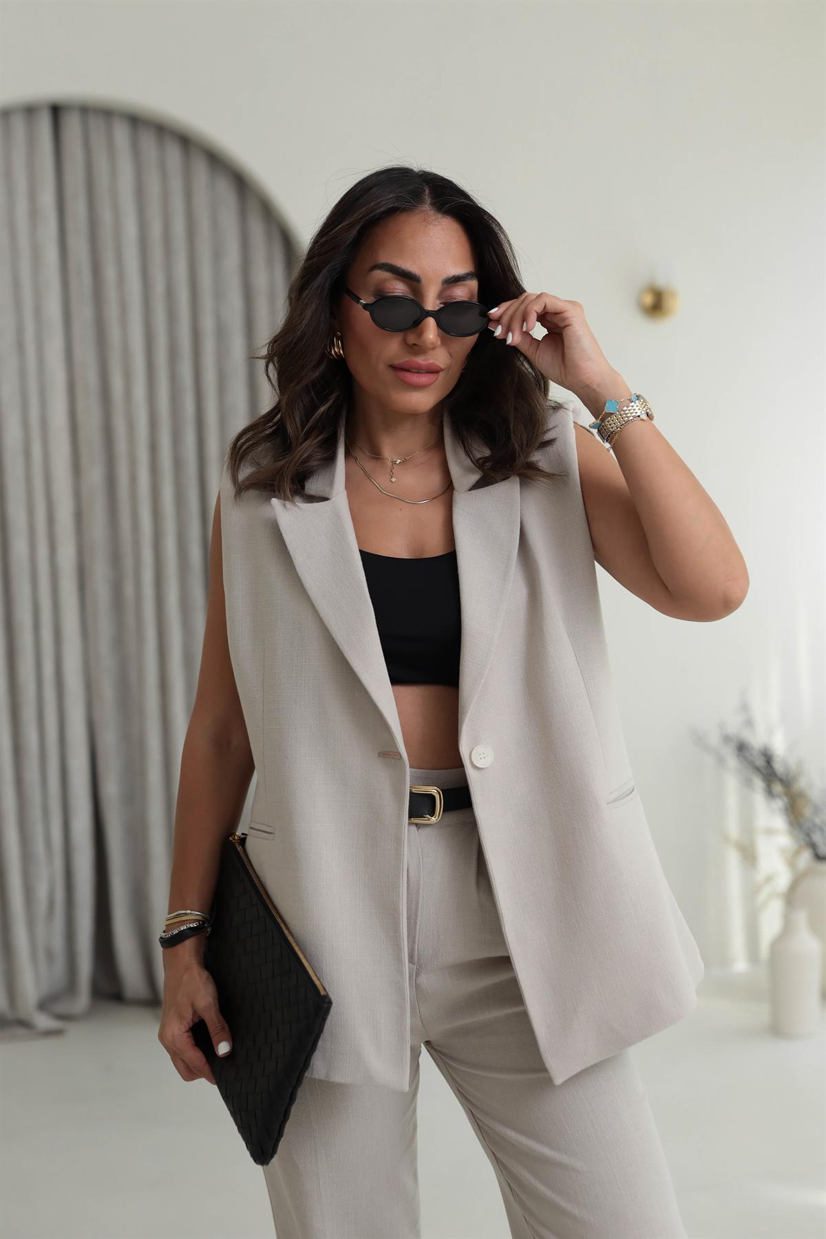 Omuz Vatkalı Yelek Keten Takım TAŞ