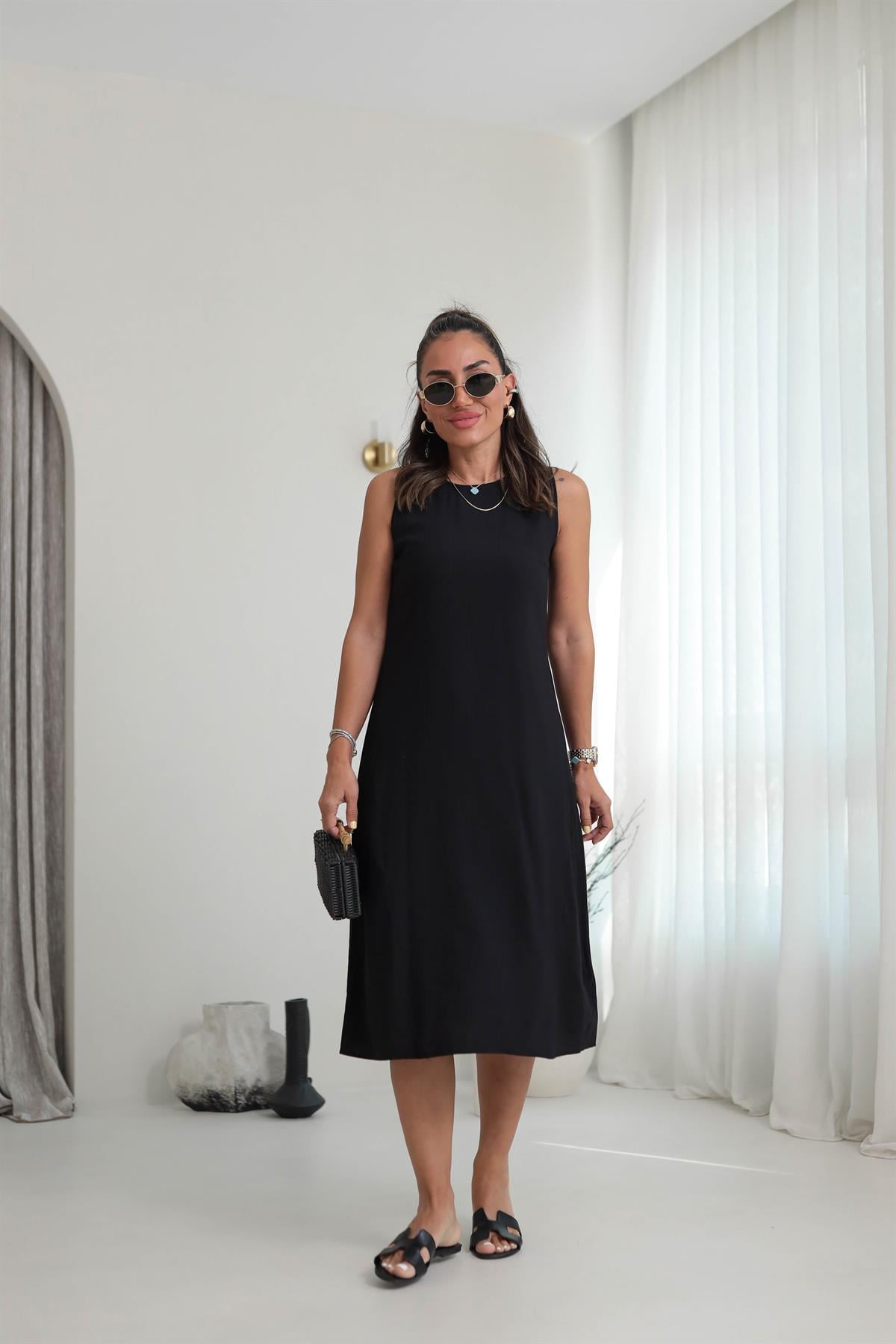 7633 Kolsuz Tiril Elbise SİYAH