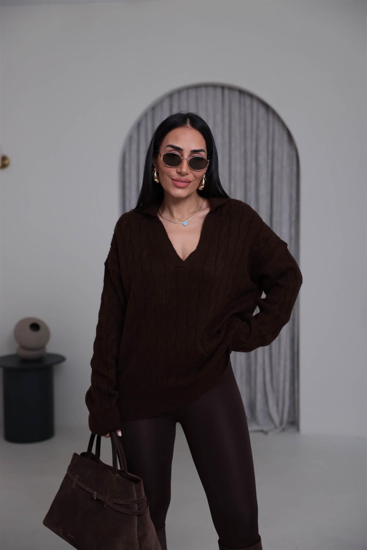 0736 V Yaka Saç Örgü Uzun Kazak KAHVE