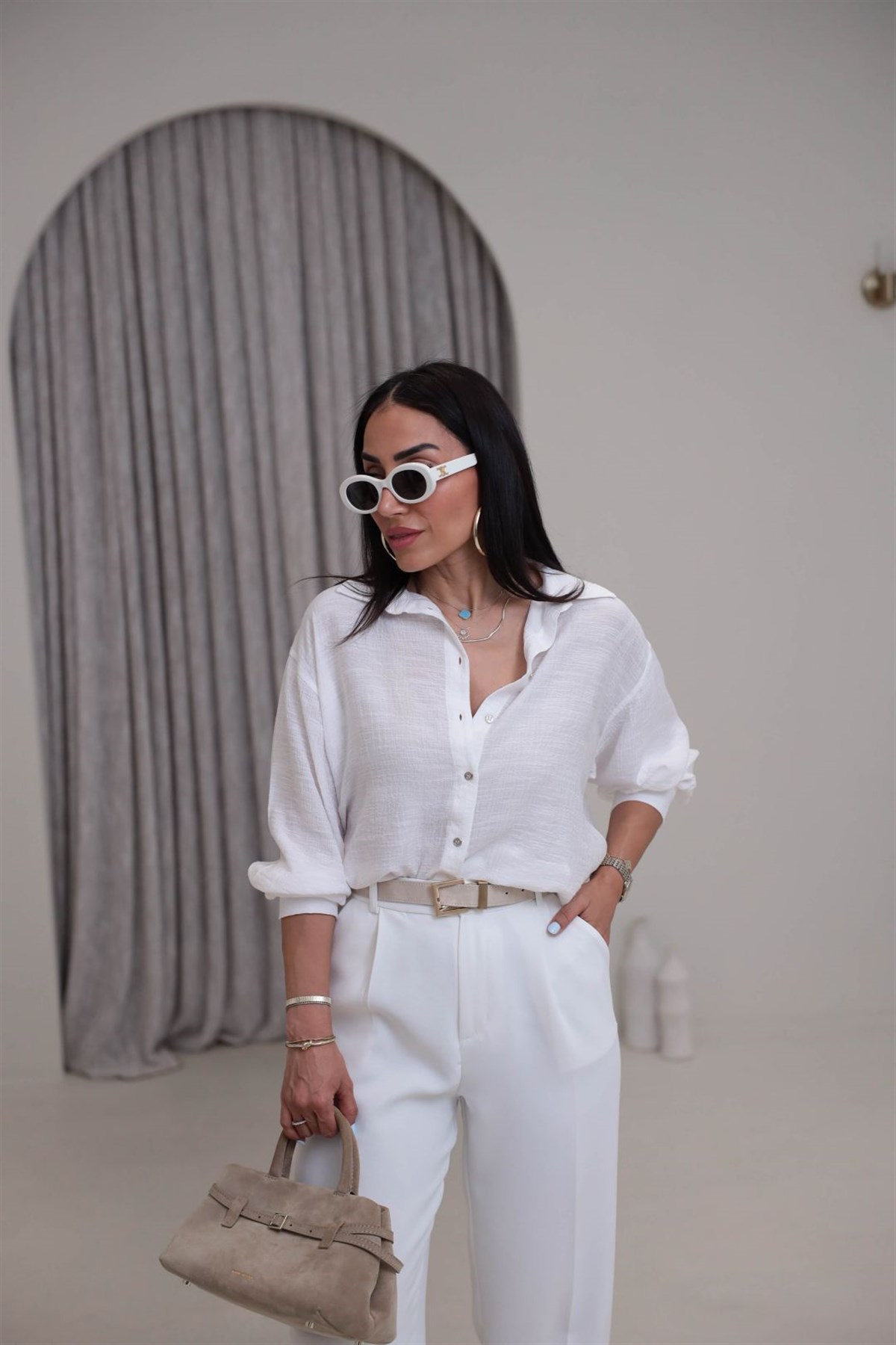 3840 Uzun Kol Dokuma Kumaş Oversize Gömlek EKRU