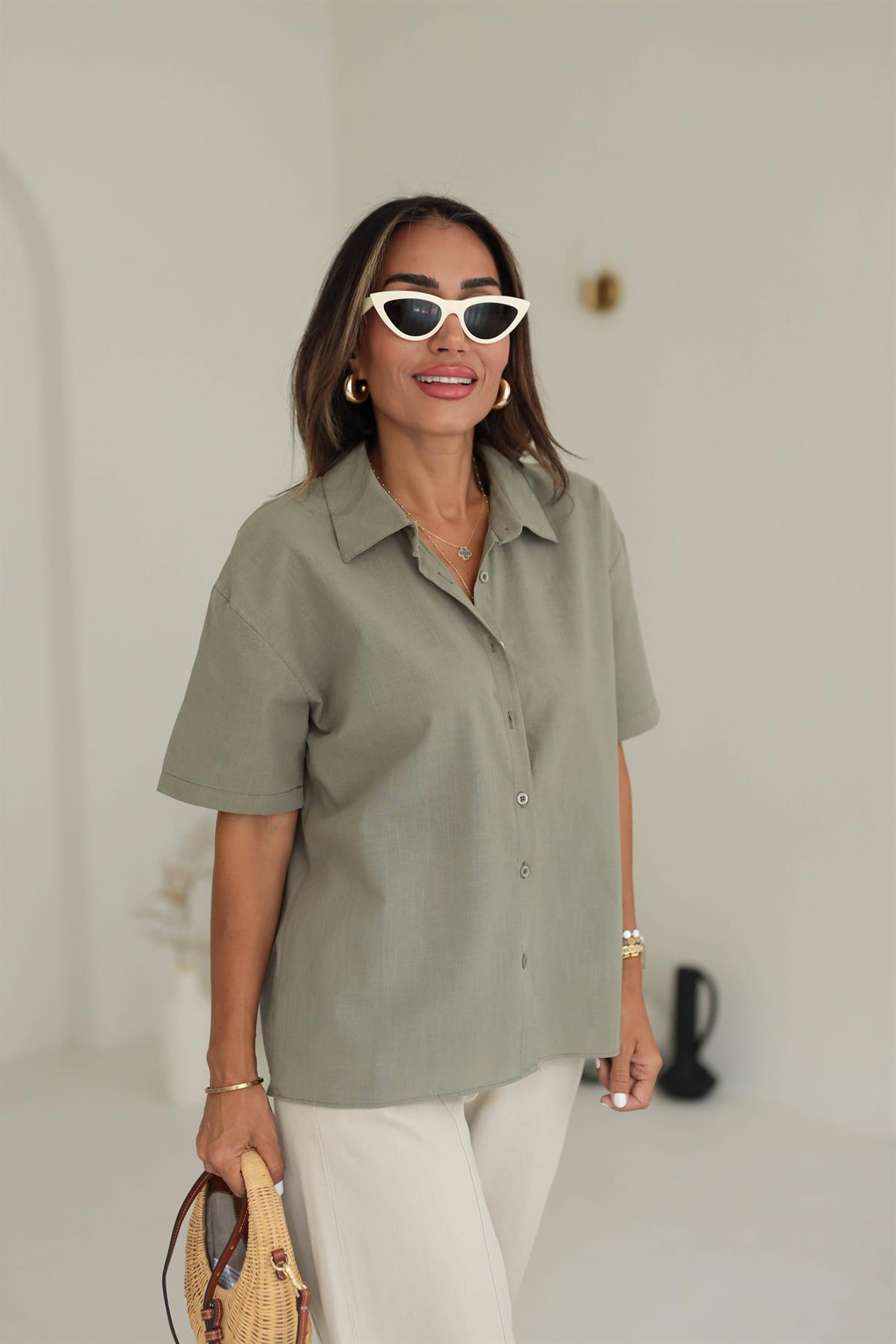 4624Y Keten Kısa Kol Gömlek