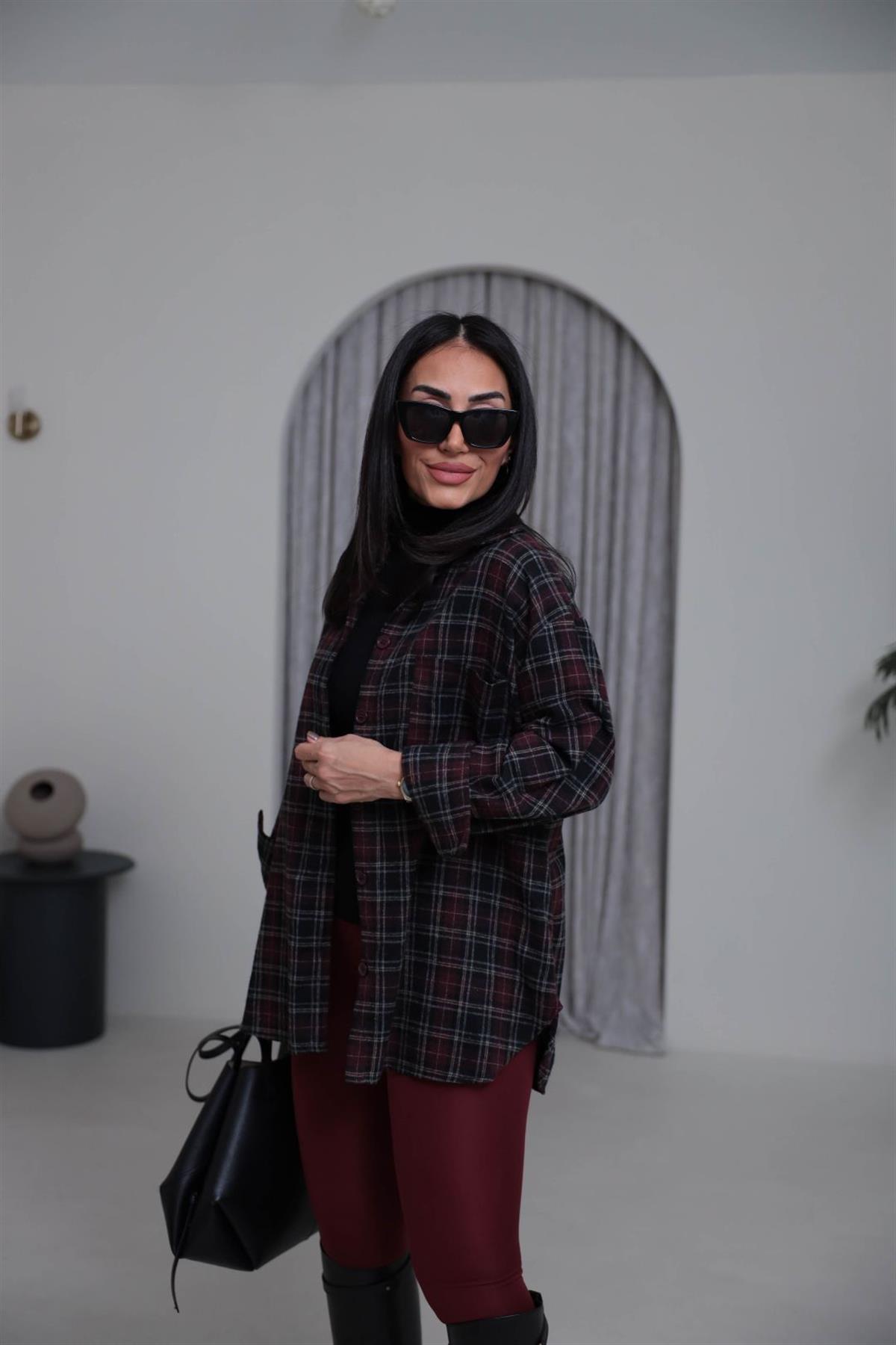 513 Ekose Desen Yünlü Rahat Gömlek BORDO