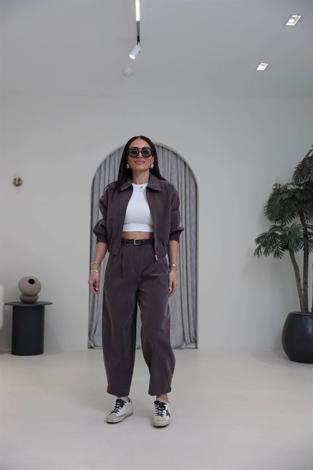 0735 Polo Yaka Bomber Ceketli Tencel Takım KAHVE