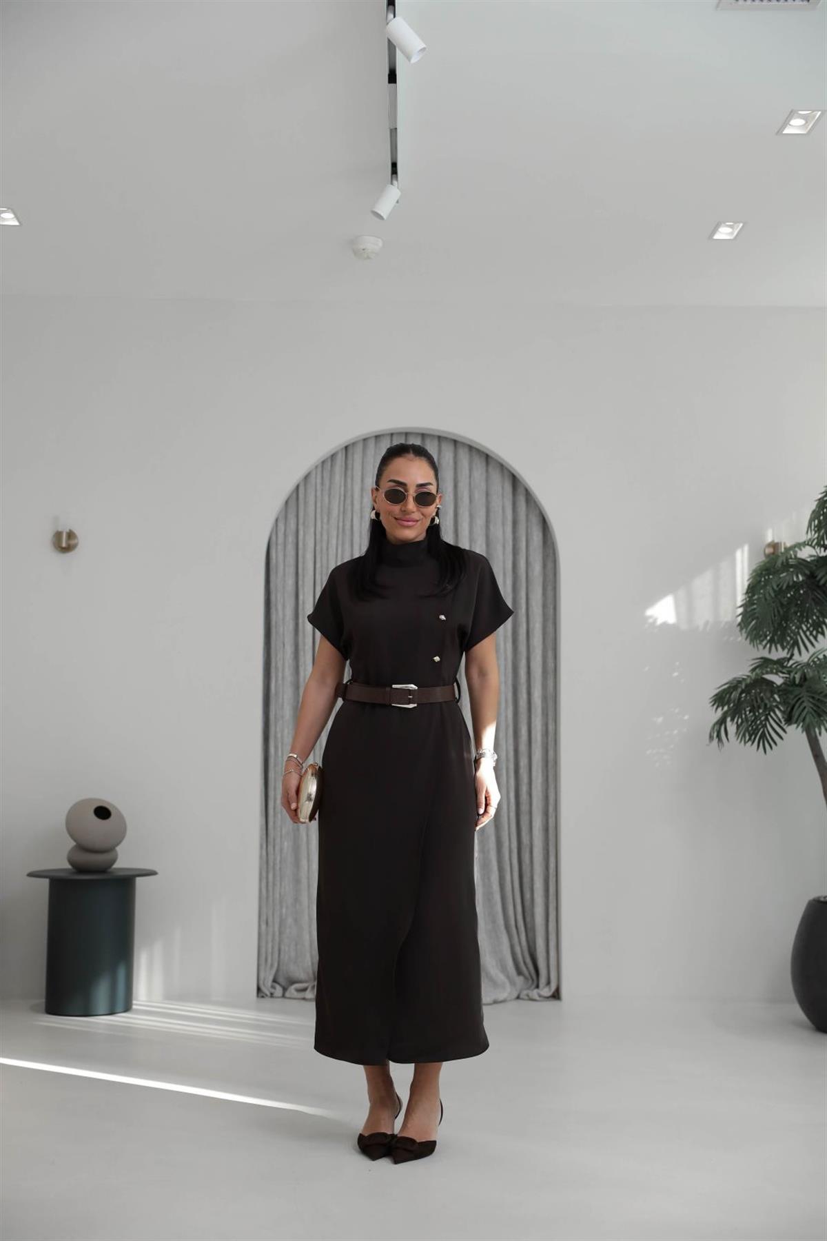 7045 Hakim Yaka Düğme Ve Kemerli Linda Elbise KAHVE