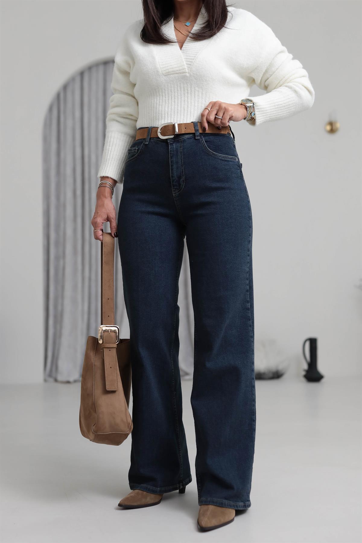 D-881 Yüksek Bel Kemerli Wide Leg Jean KOYU MAVİ