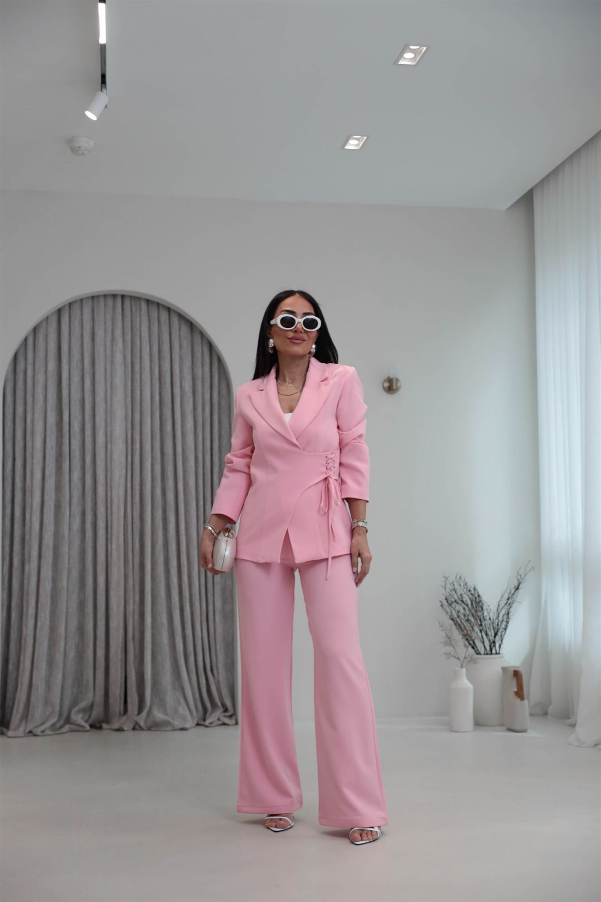 9295 Yandan Kuşgözü Bağlama Detaylı Ceket Pantolon Takım PEMBE