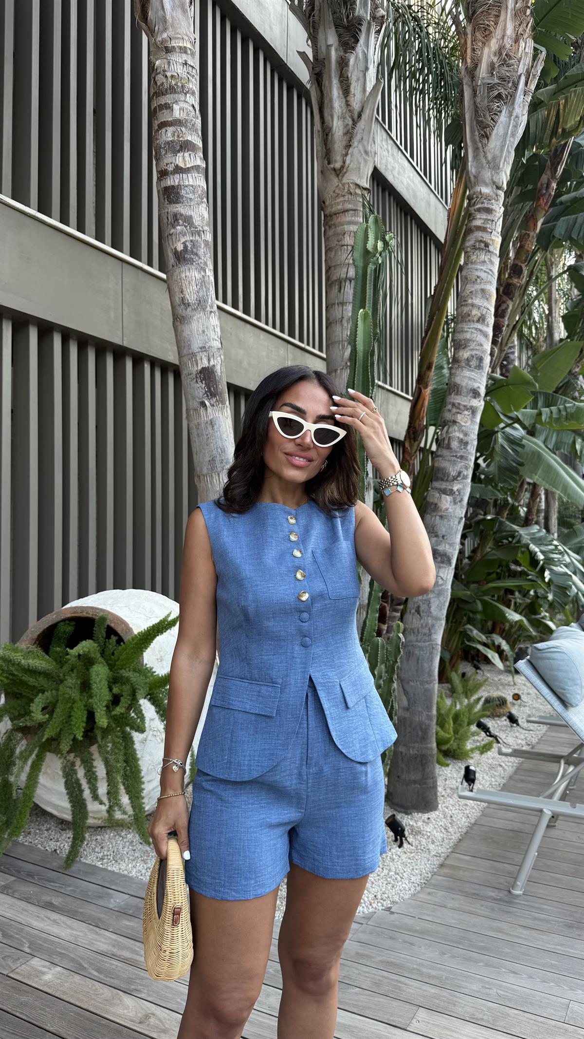 0284 Düğme Detaylı Dokuma Yelek & Şort Takım Indigo