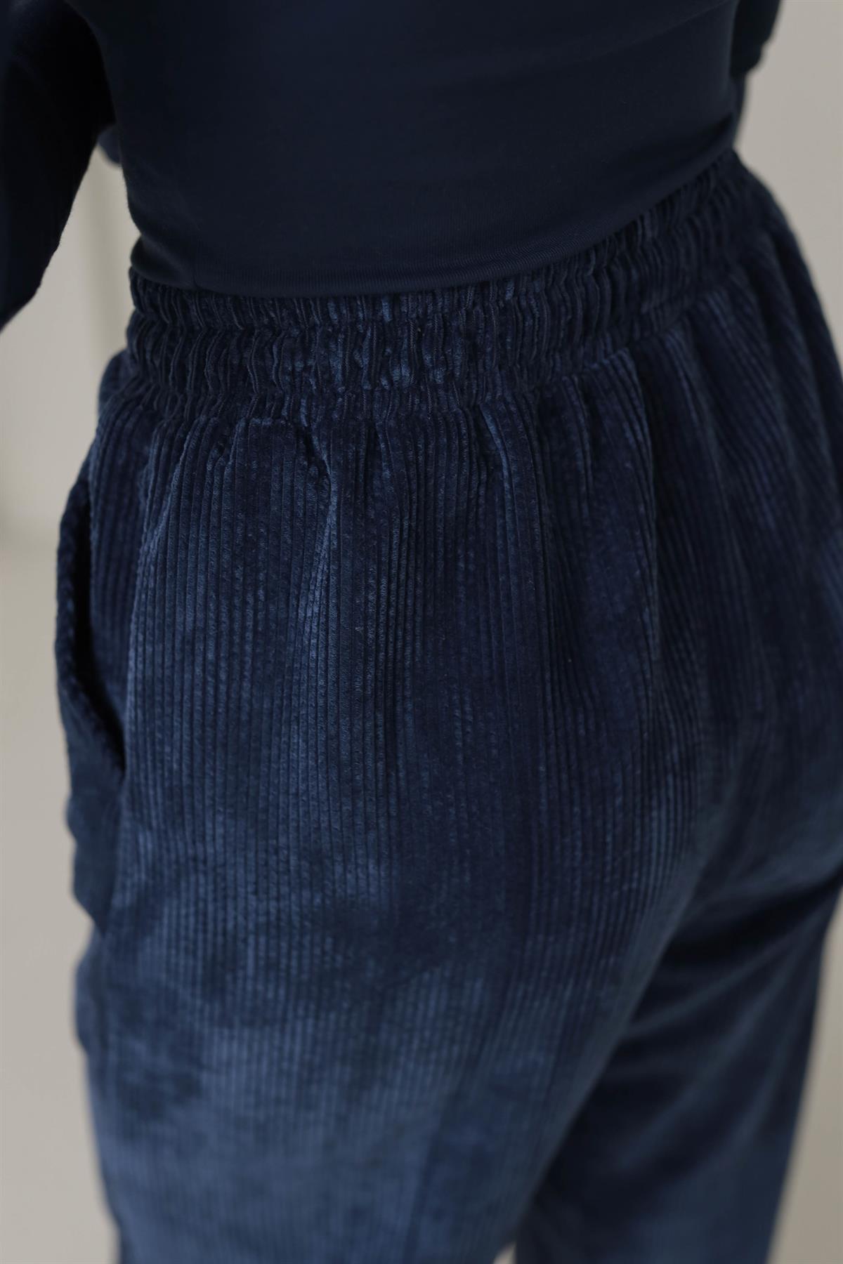 1211 Bol Kalıp Bel Lastikli Kadife Pantolon LACİVERT