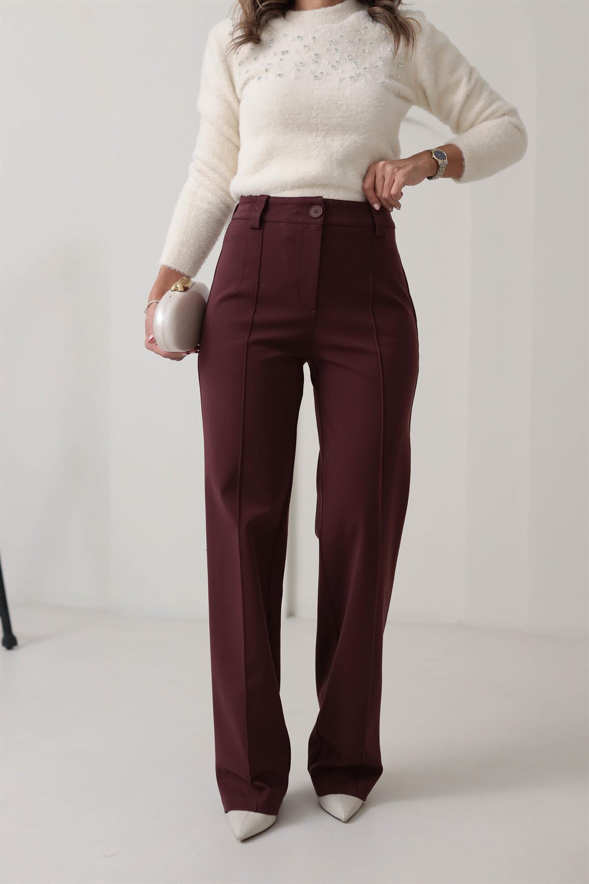 4888 Önü Çimalı Tok Kumaş Palazzo Pantolon BORDO