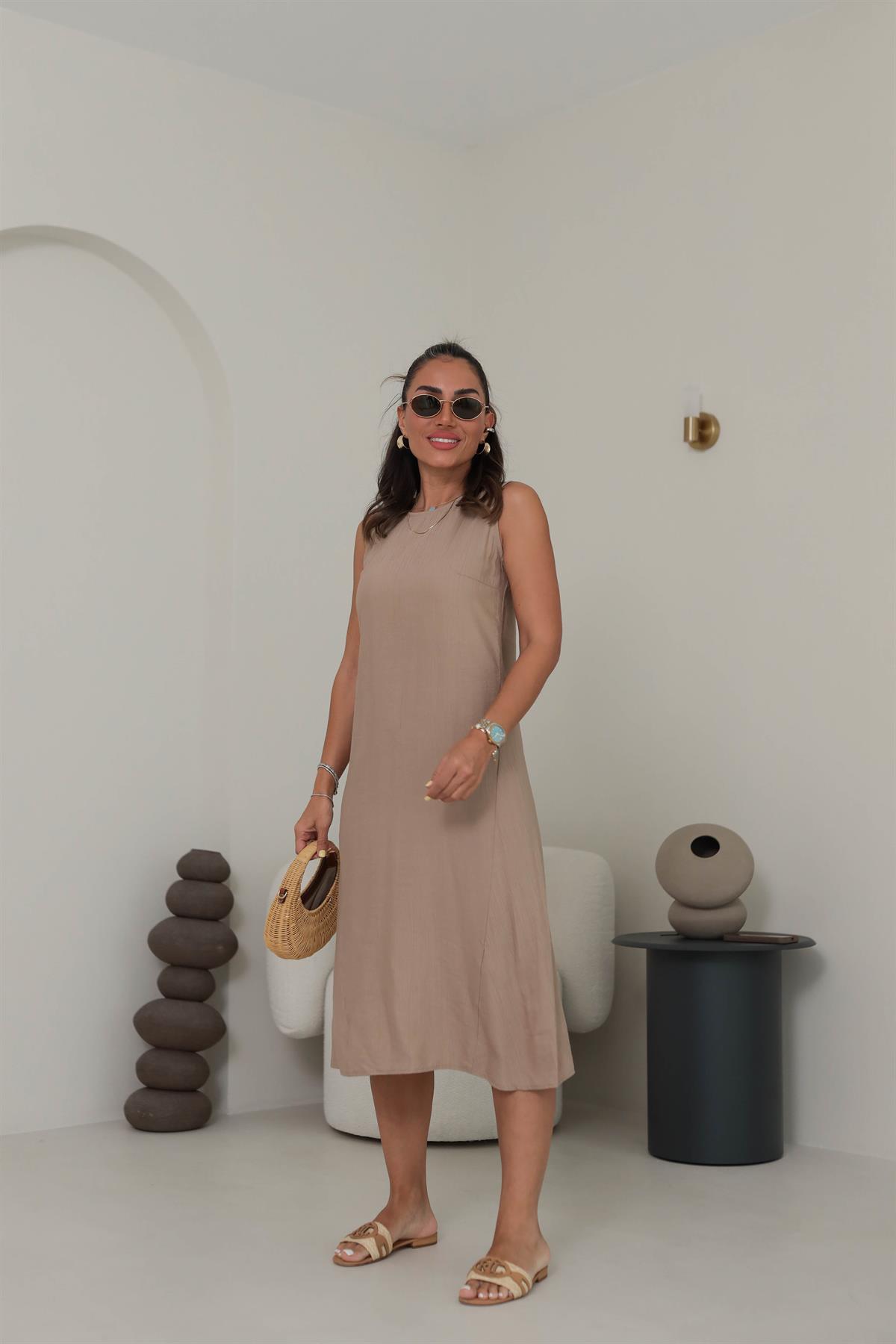 7633 Kolsuz Tiril Elbise BEJ