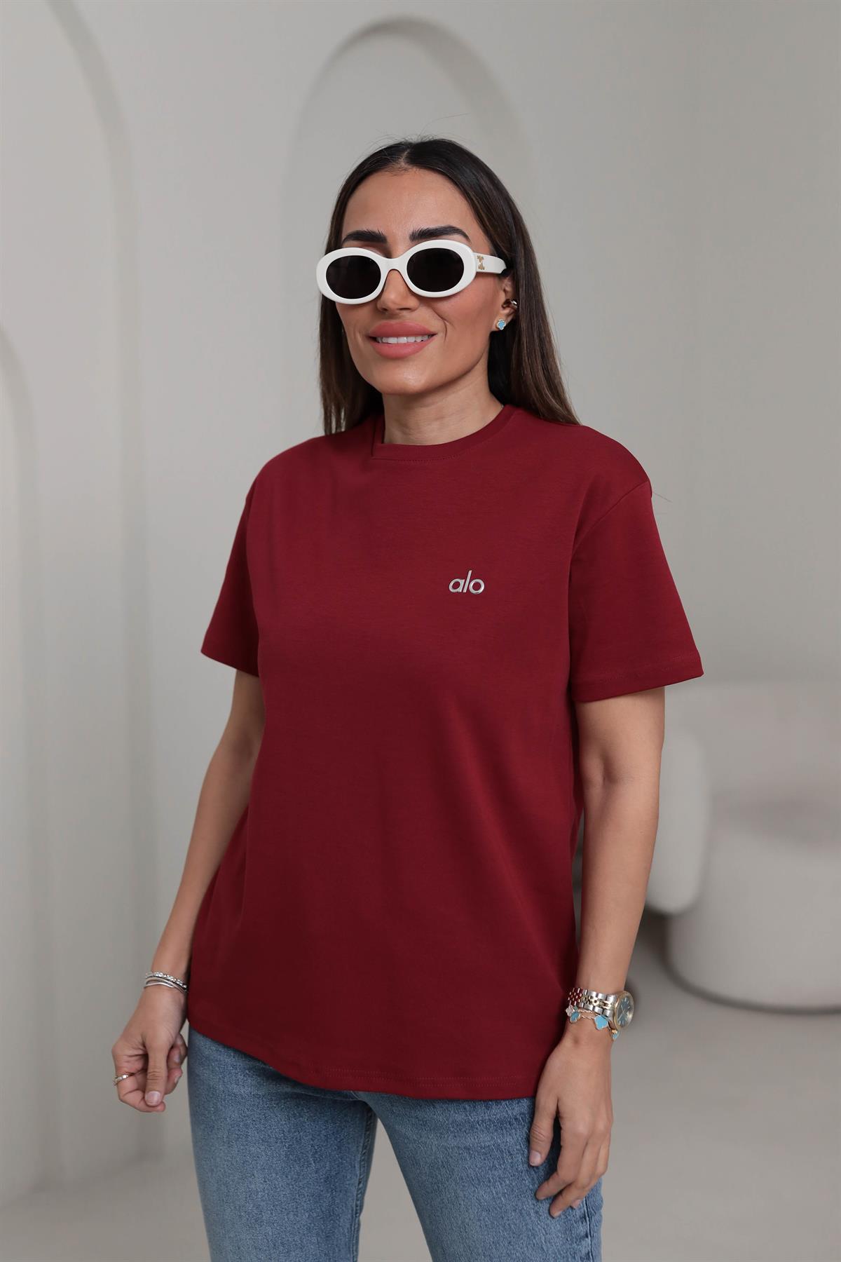 1022 Bisiklet Yaka Gümüş Yazı Detaylı Tshirt BORDO