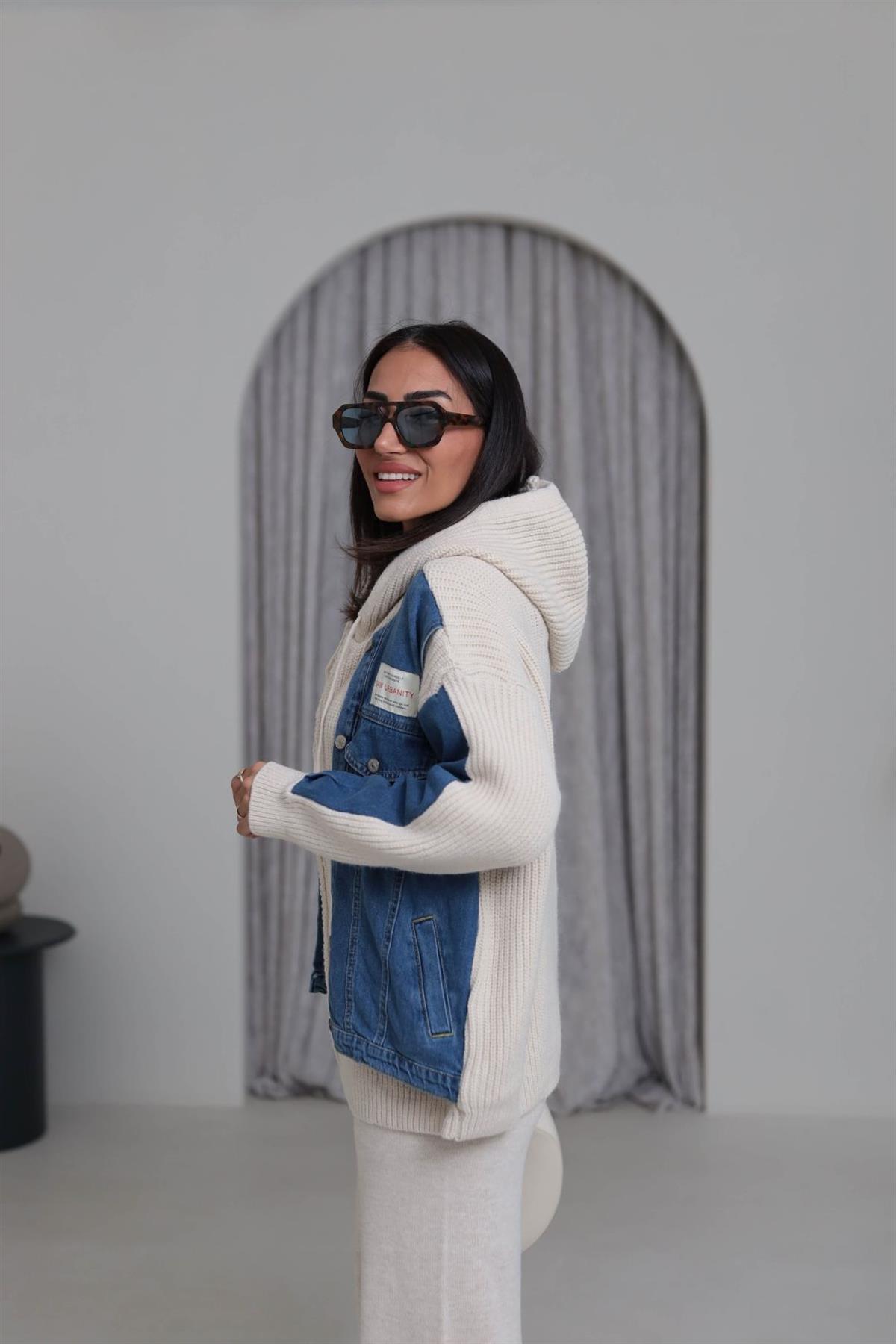 4676 Kot Garnili Kapşonlu Fermuarlı Triko Hırka TAŞ MAVİ