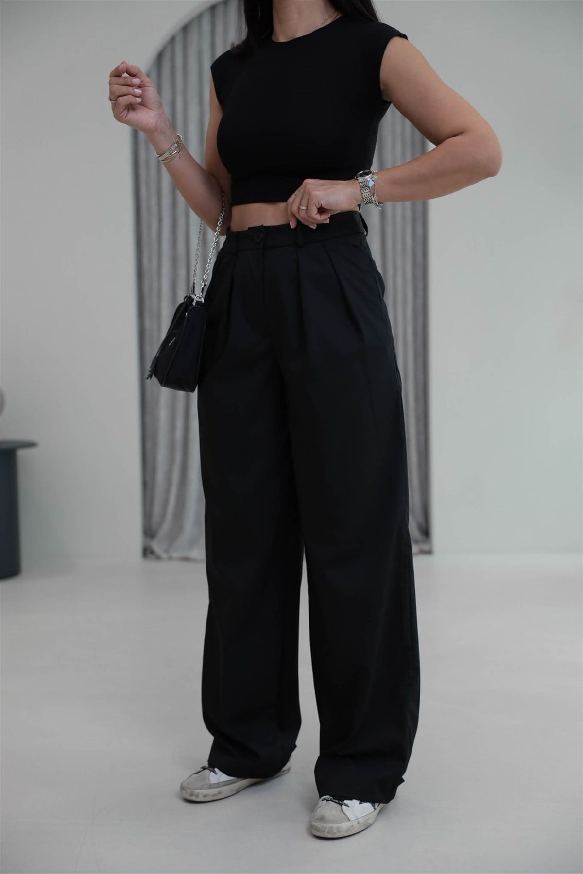 2079 Çift Pileli Bol Paça Pantolon SİYAH