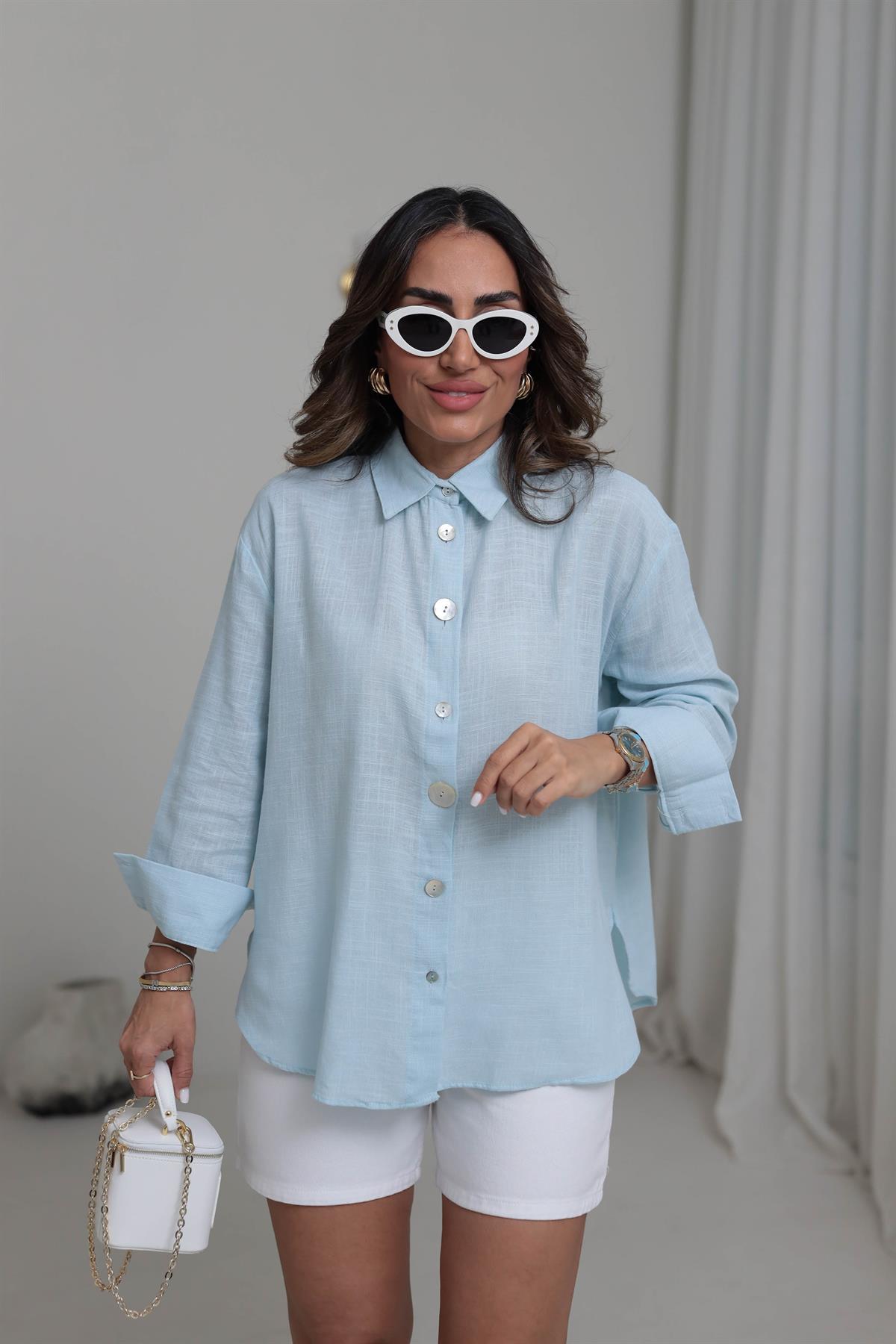 0384 Uzun Kollu Keten Gömlek BEBE MAVİ