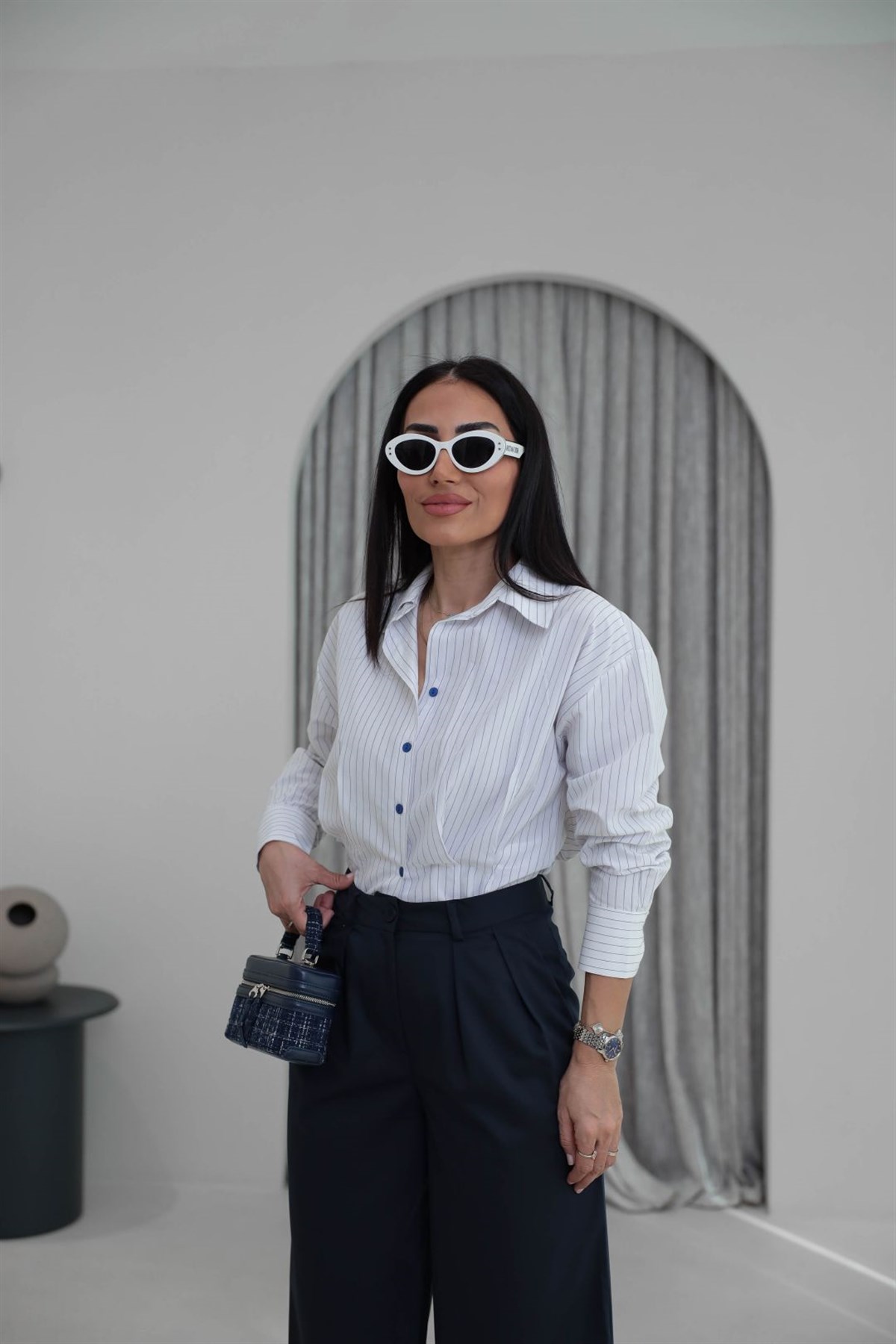 4531 Bel Pensli Çizgili Poplin Gömlek BEYAZ