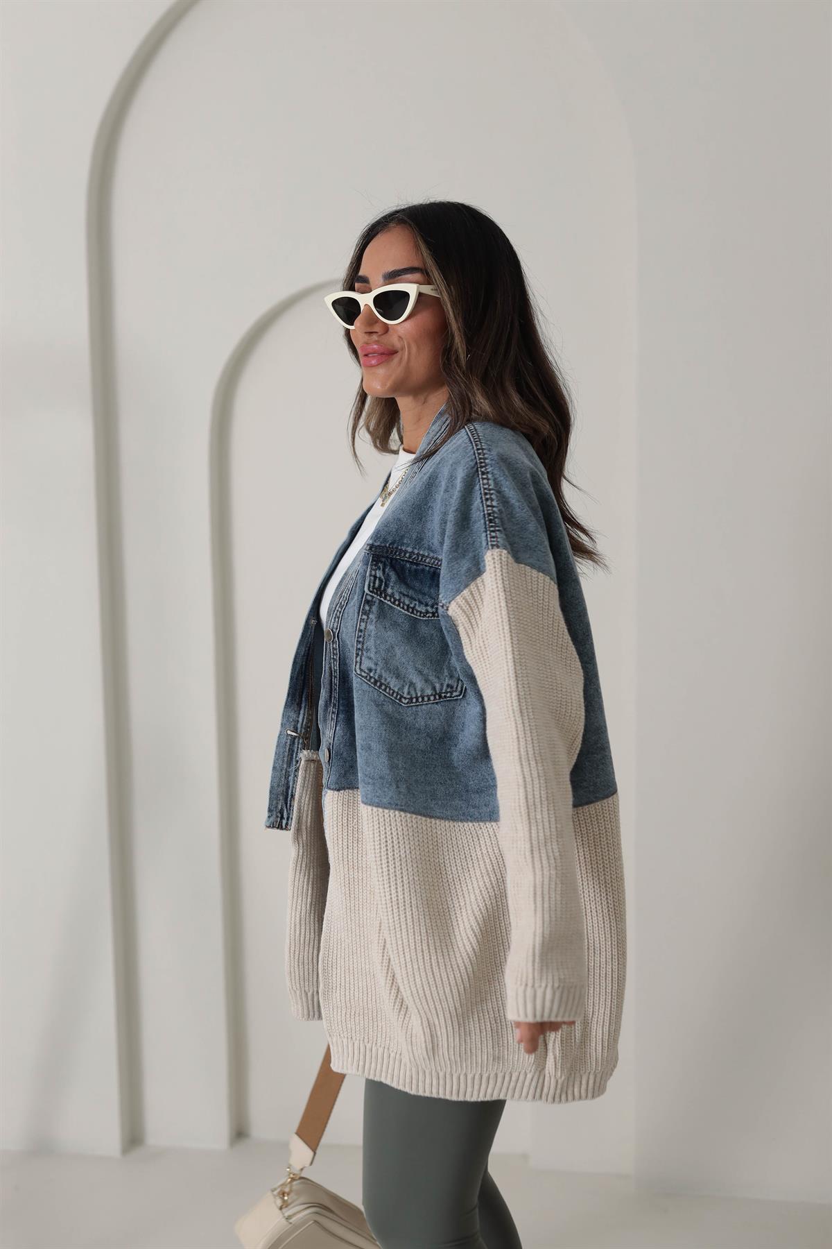 4139 Tasarım Triko ve Kot Garnili Ceket Hırka BEJ