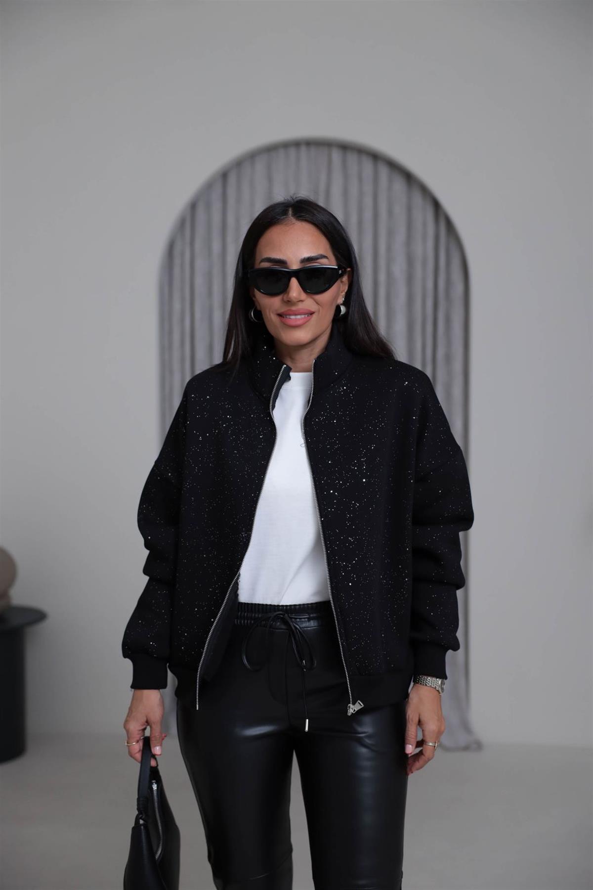 4222 Dik Yaka Önden Fermuarlı Simli Sweatshirt SİYAH