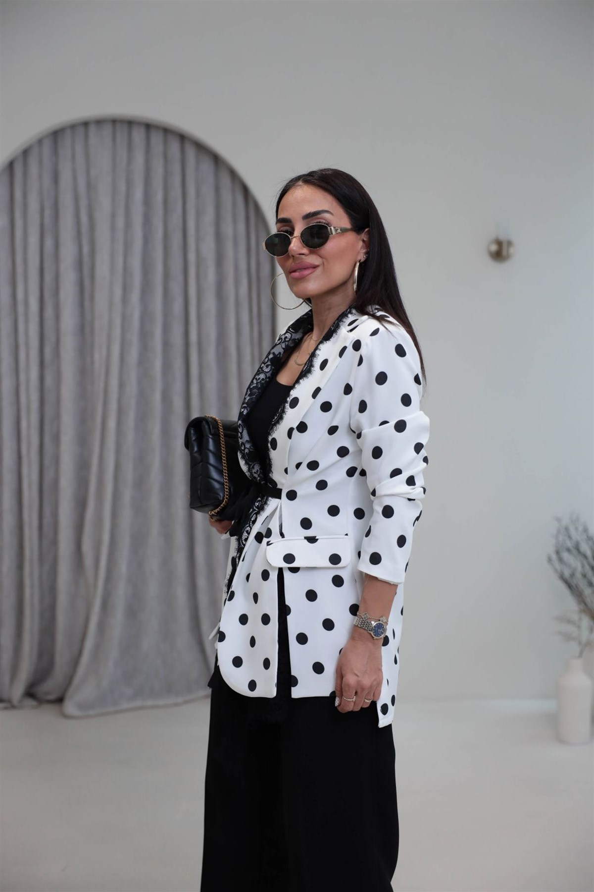 73852 Dantel Detaylı Puantiyeli Blazer Ceket SİYAHBEYAZ