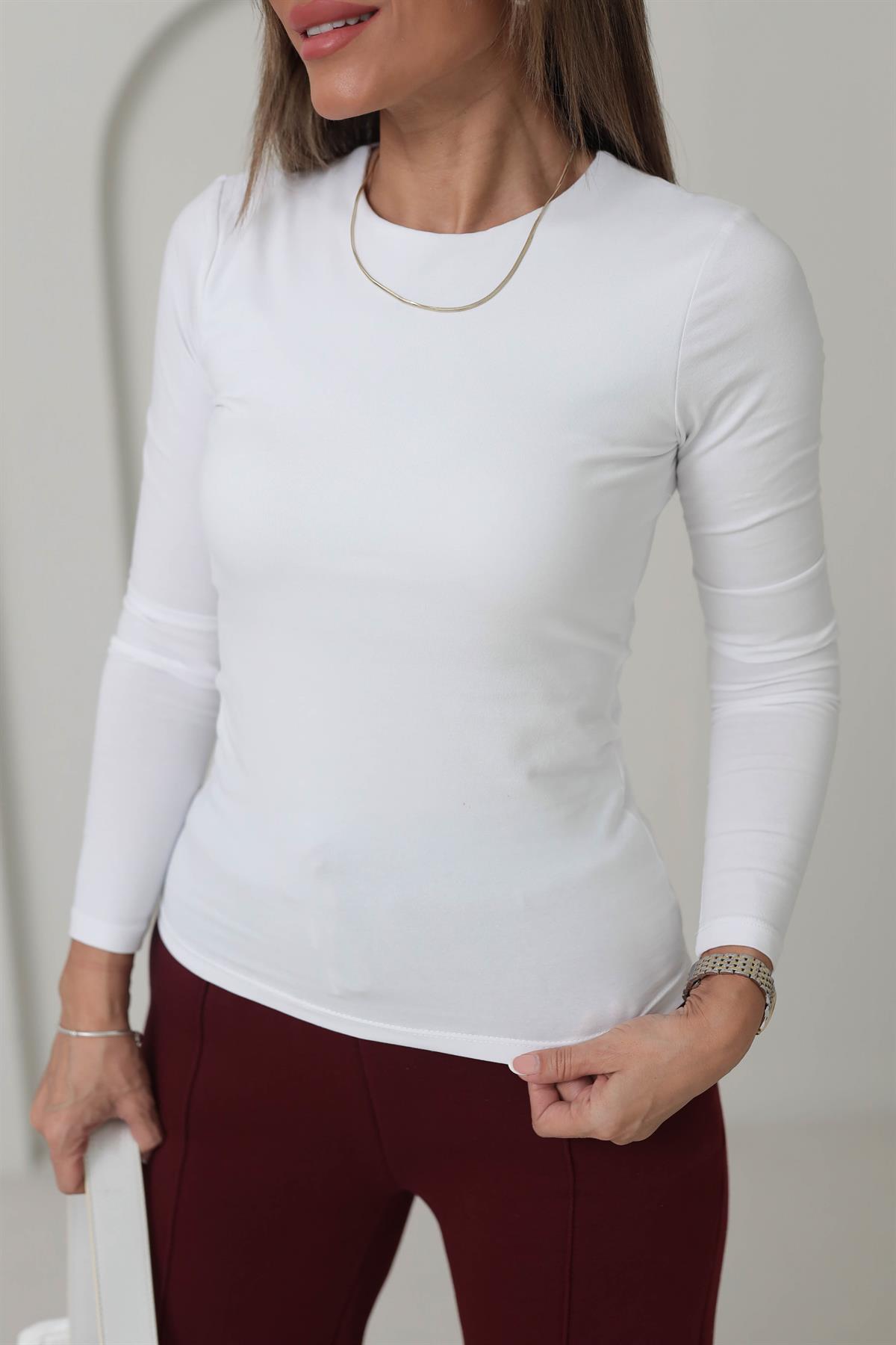 6487 Sıfır Yaka Pamuklu Yumuşak Bluz BEYAZ