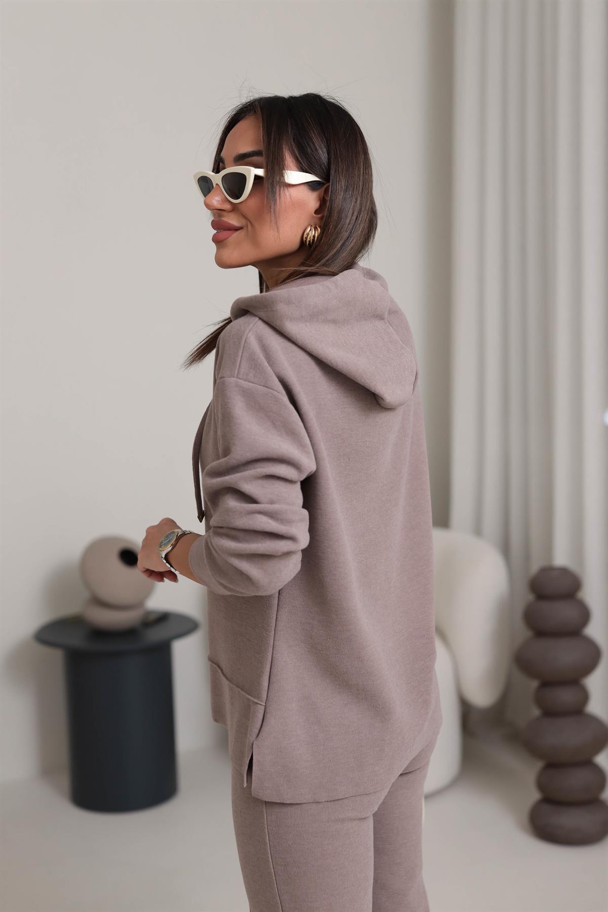 09T2 Ön Dikiş Detaylı Dokulu Rahat Takım VİZON