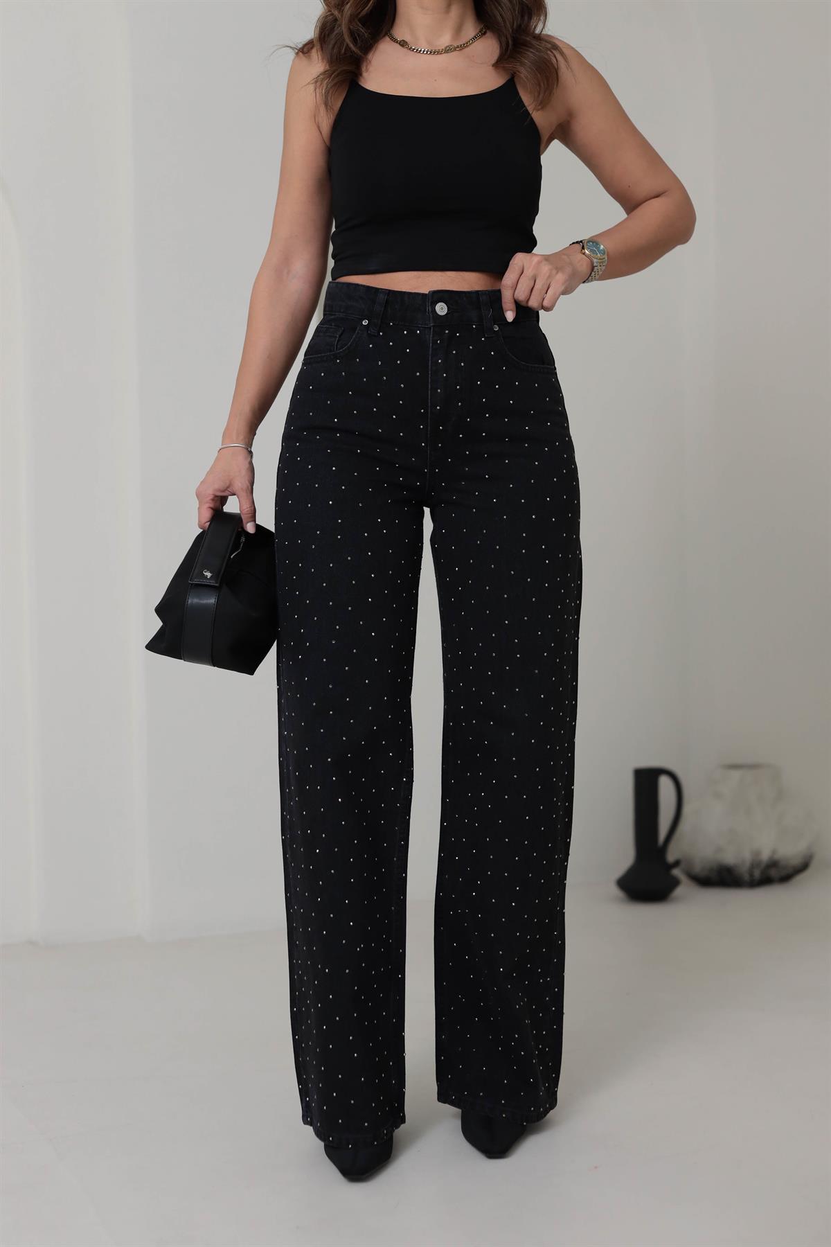 T1071 Yüksek Bel Taşlı Palazzo Jean FÜME