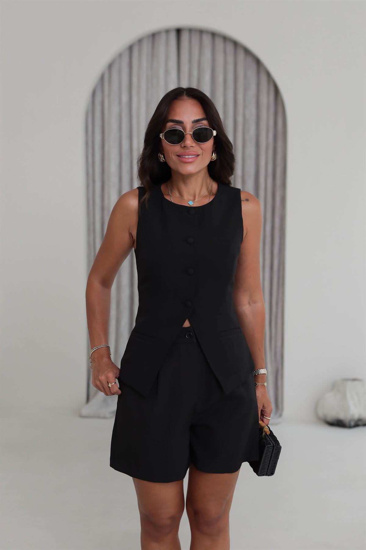 0264 Double Kumaş Yelek Şort Takım SİYAH