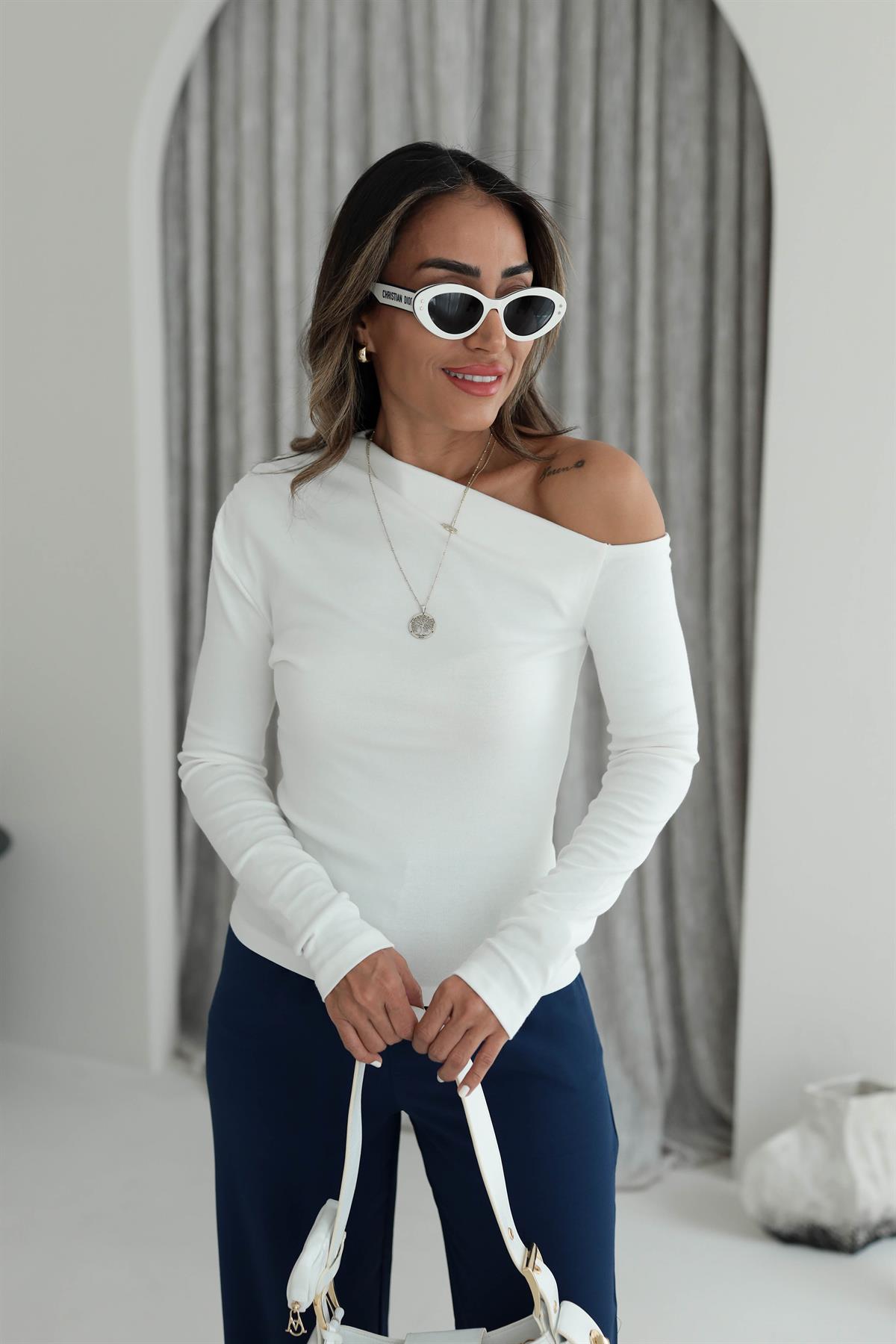 6130 Çapraz Yakalı Uzun Kol Bluz EKRU