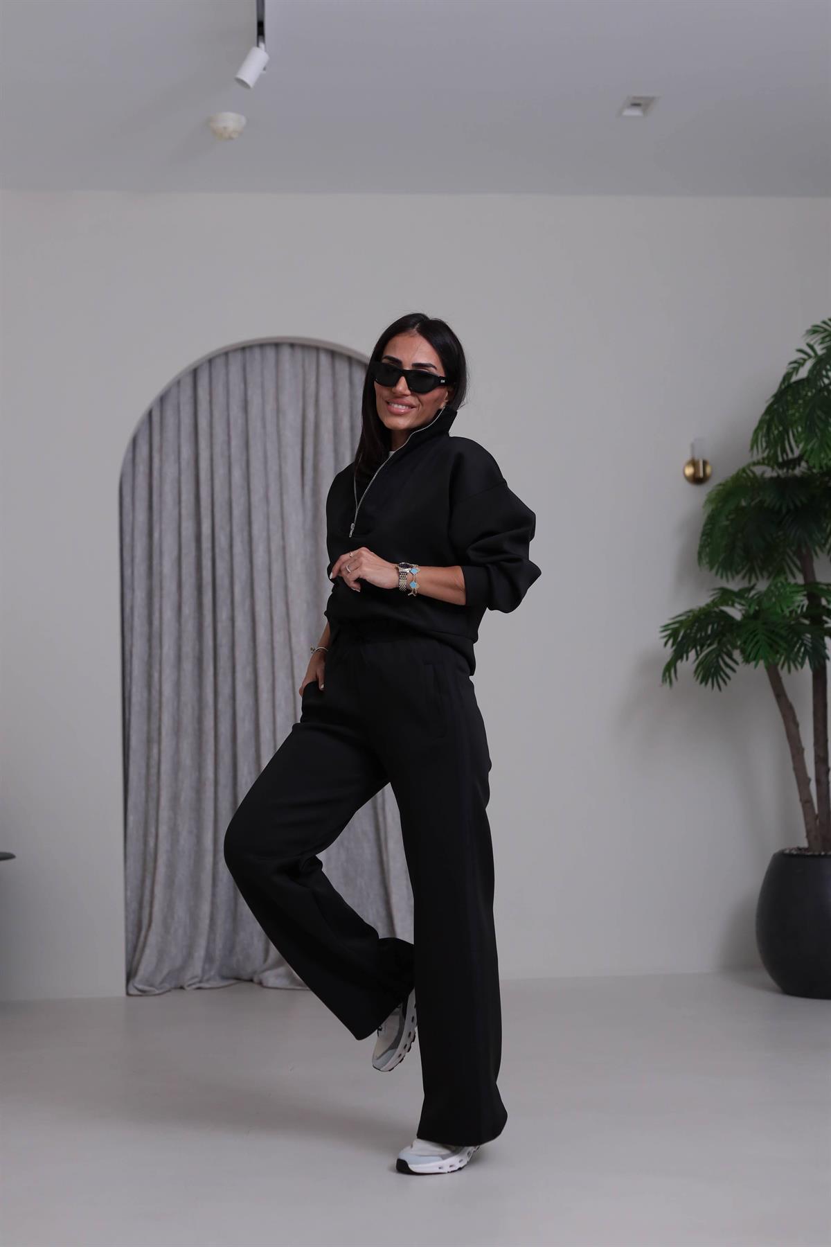 2624 Paraşüt Detaylı Yarım Fermuarlı Scuba Takım SİYAH