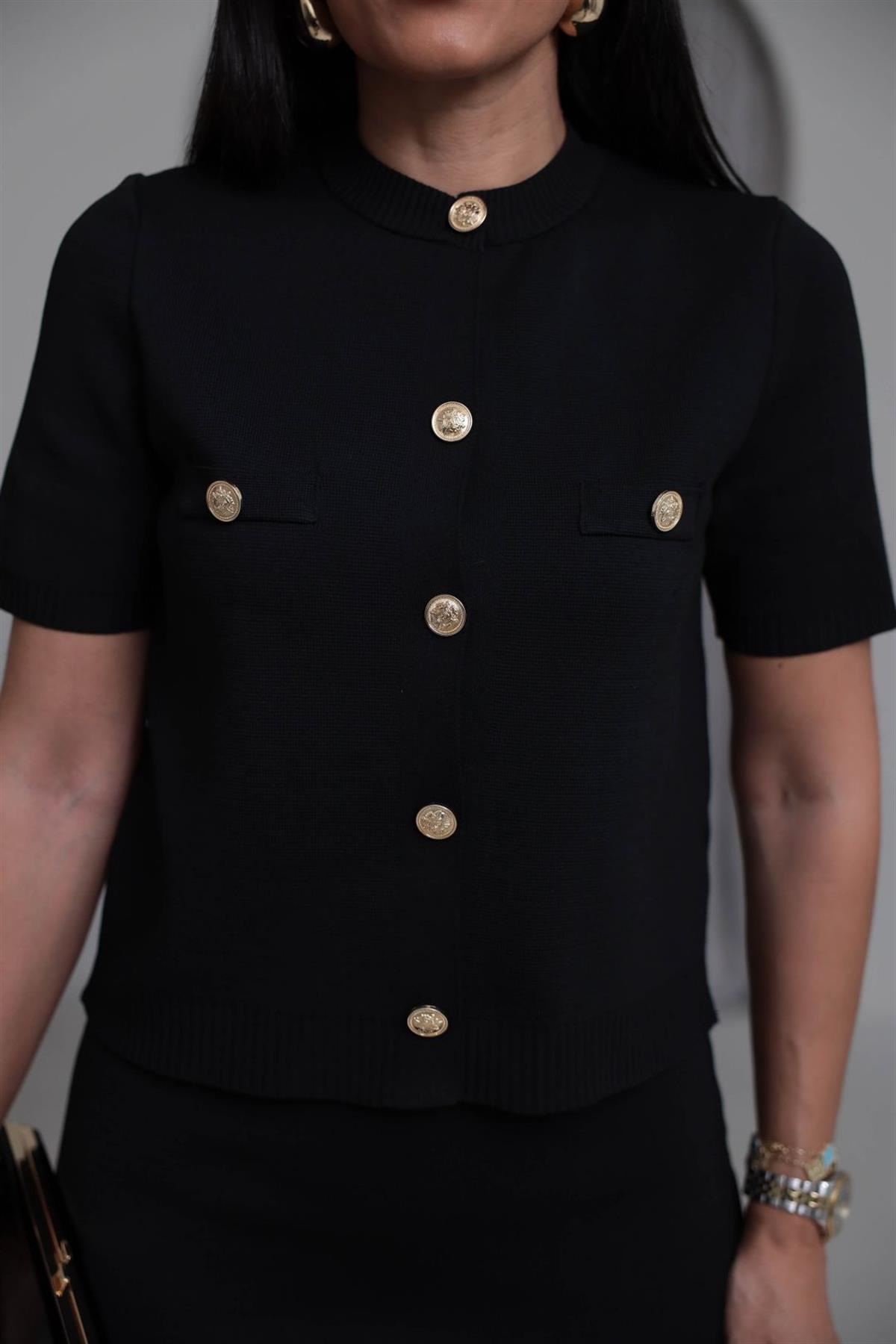 0008 Gold Düğme Detaylı Etekli Triko Takım SİYAH